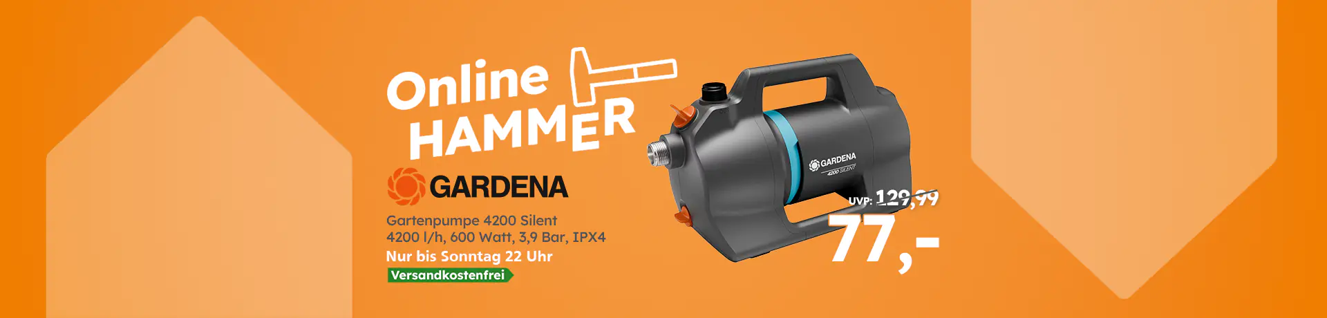 Online HAMMER: GARDENA Gartenpumpe 4200 Silent, 4200 l/h, 600 Watt, 3,9 Bar, IPX4. Nur bis Sonntag 22 Uhr: 77,-.