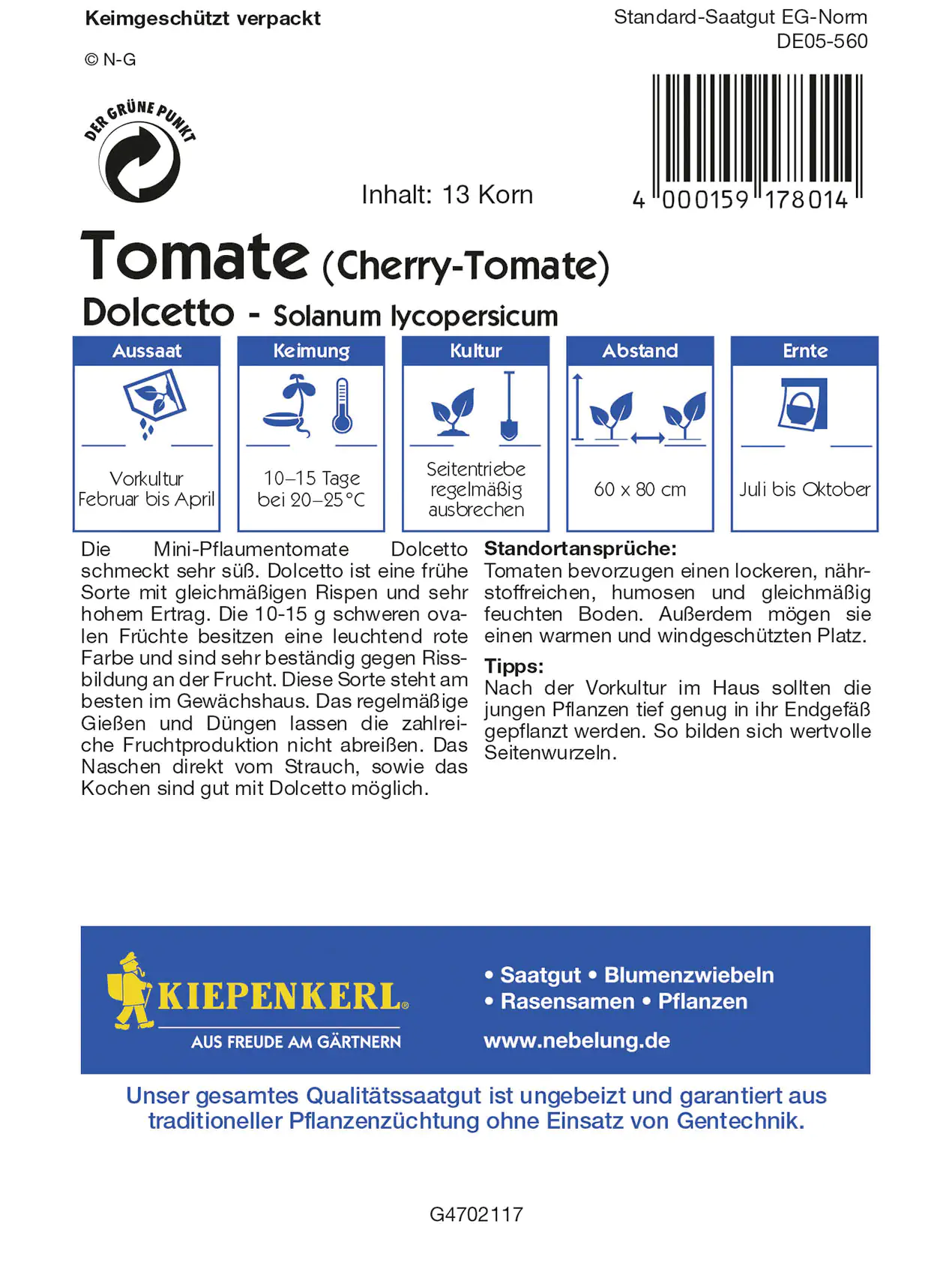 Kiepenkerl Tomate Dolcetto Solanum lycopersicum, Inhalt: 13 Korn Kiepenkerl Tomate Dolcetto Solanum lycopersicum, Inhalt: 13 Korn