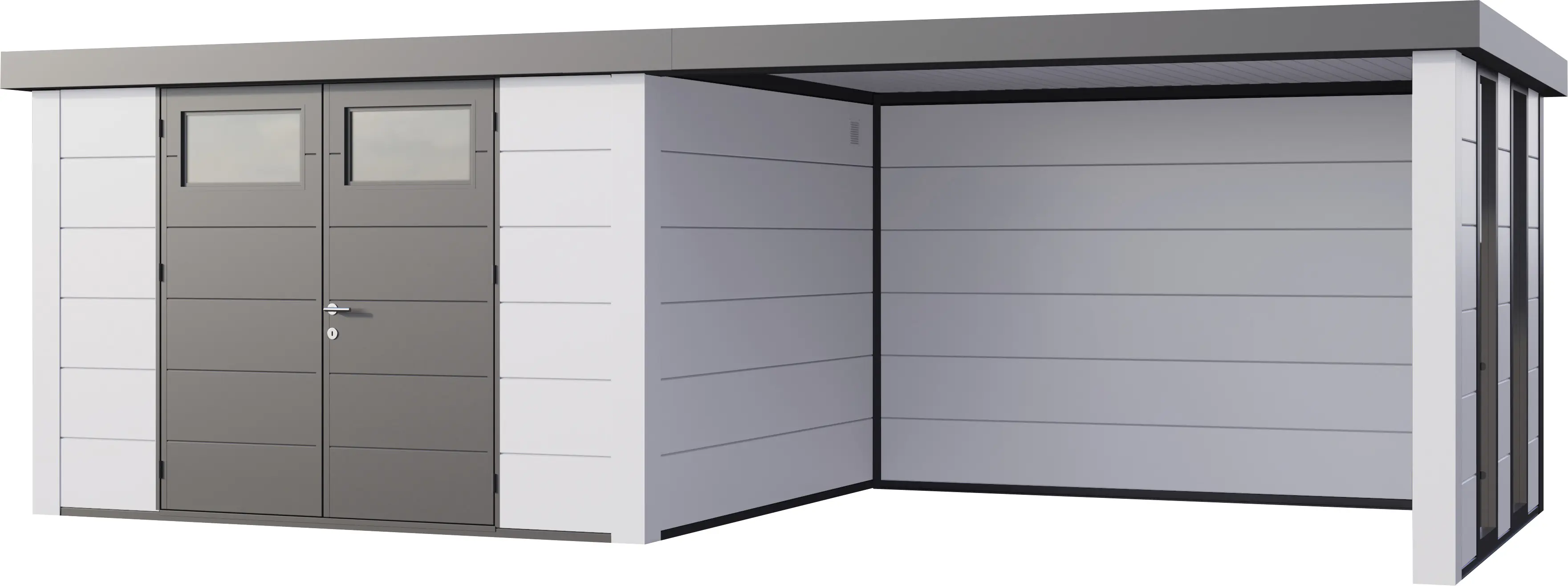 Telluria Gerätehaus Classico Lounge XL mit Fenstern 3330 rechts EW weiß 792 x 298 cm