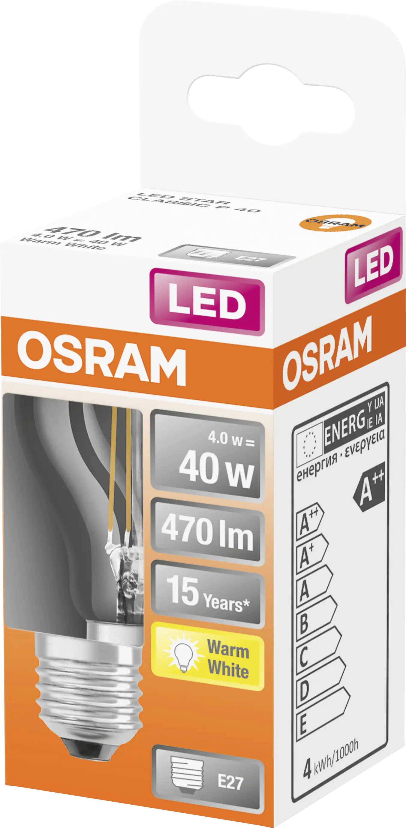 Osram LED Leuchtmittel Star Classic P40 E27 4W warmweiß, klar