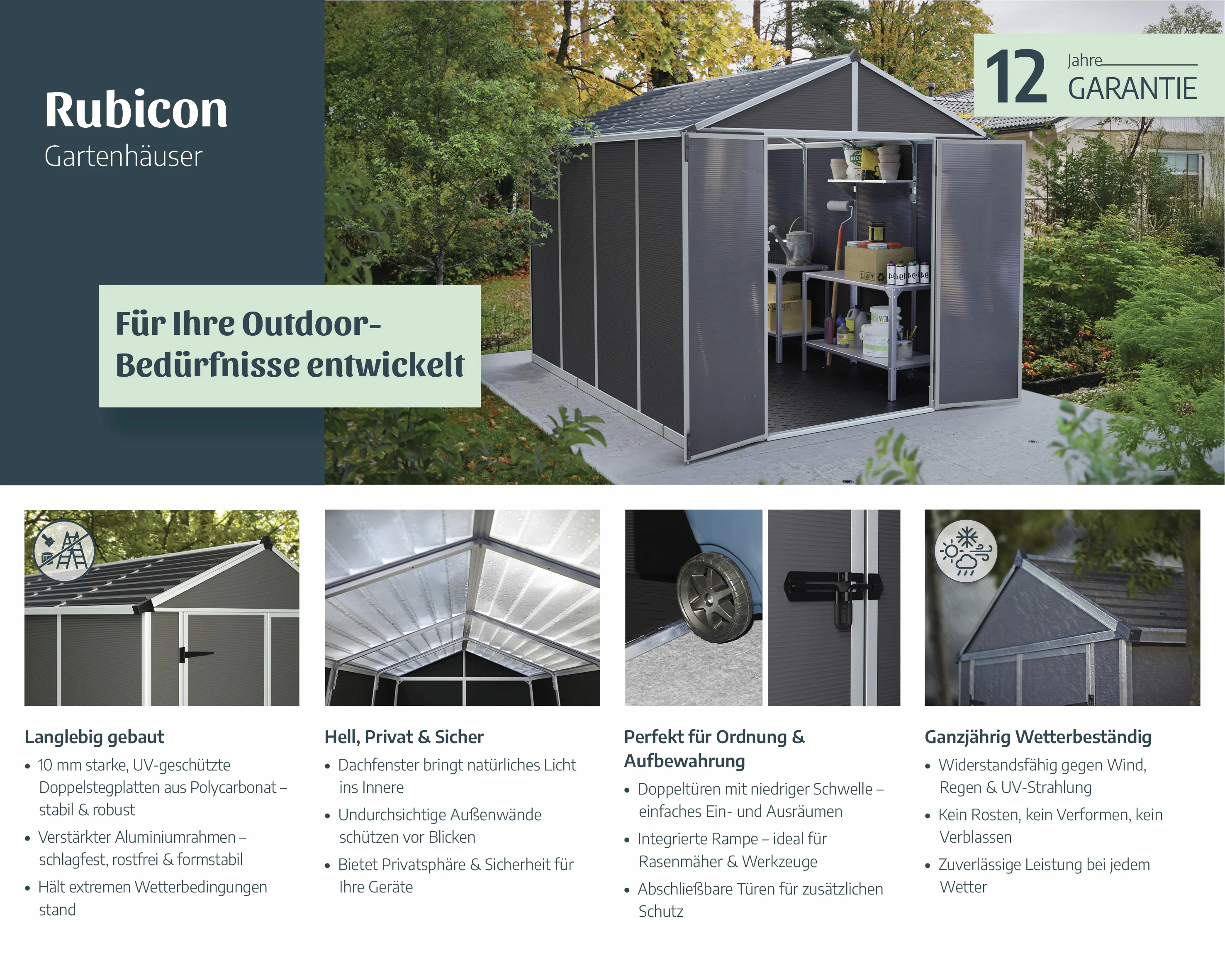 Canopia Gerätehaus Rubicon 8x13 mit Solar LED Kit grau 227 x 377 cm