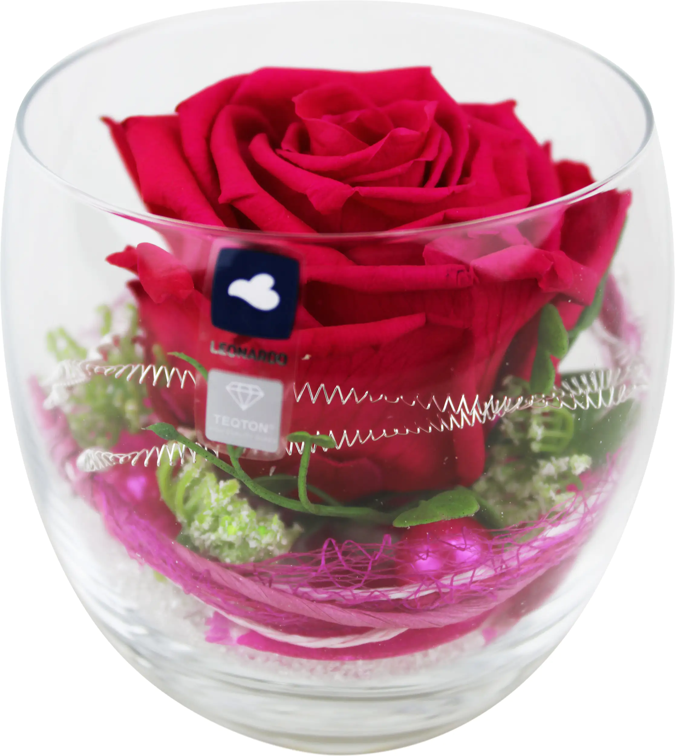 Arrangement Langzeitrose "Long Life", pink im Whiskeyglas mit Deko