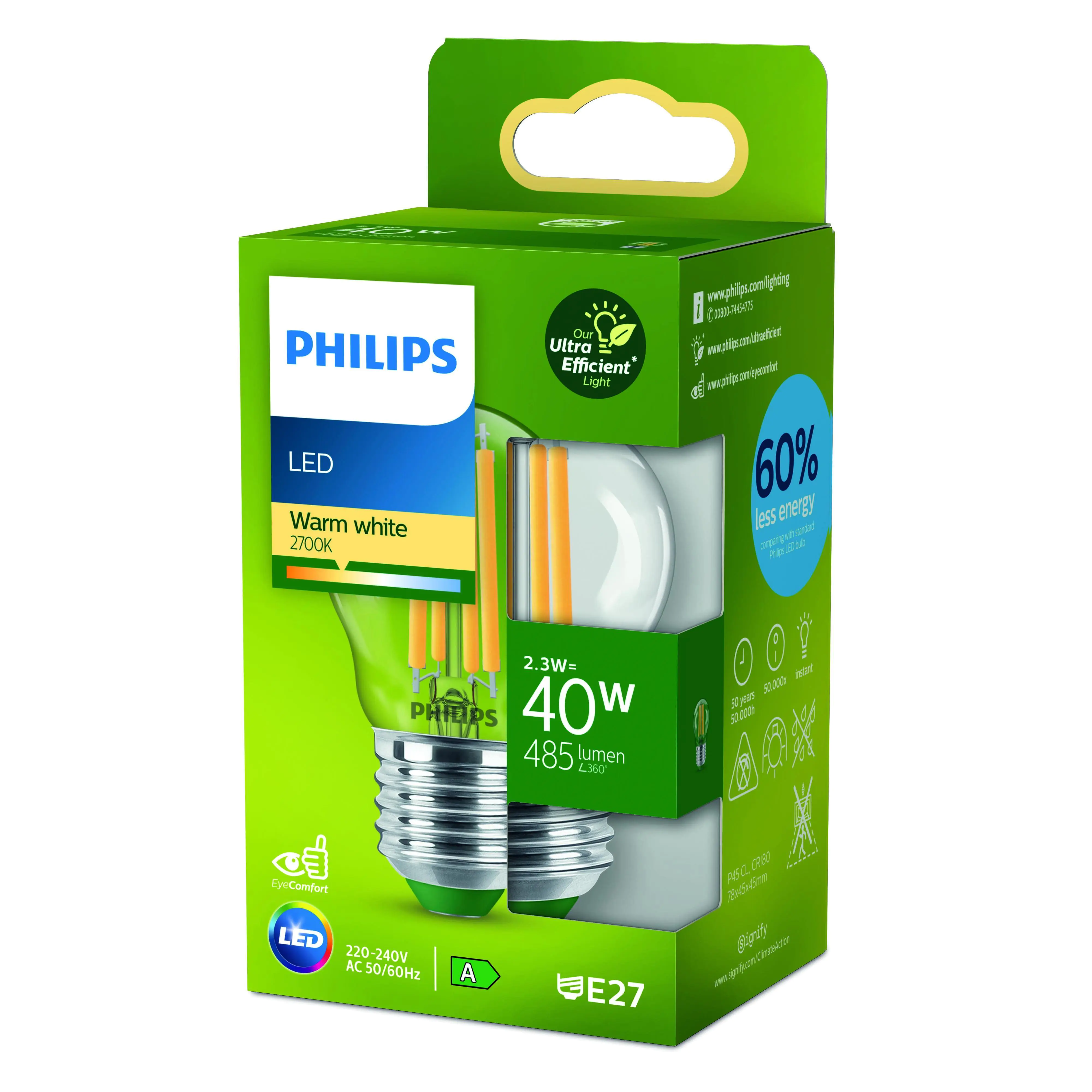 Philips LED-Leuchtmittel Filament Tropfenform P45 E27 2,3W warmweiß klar
