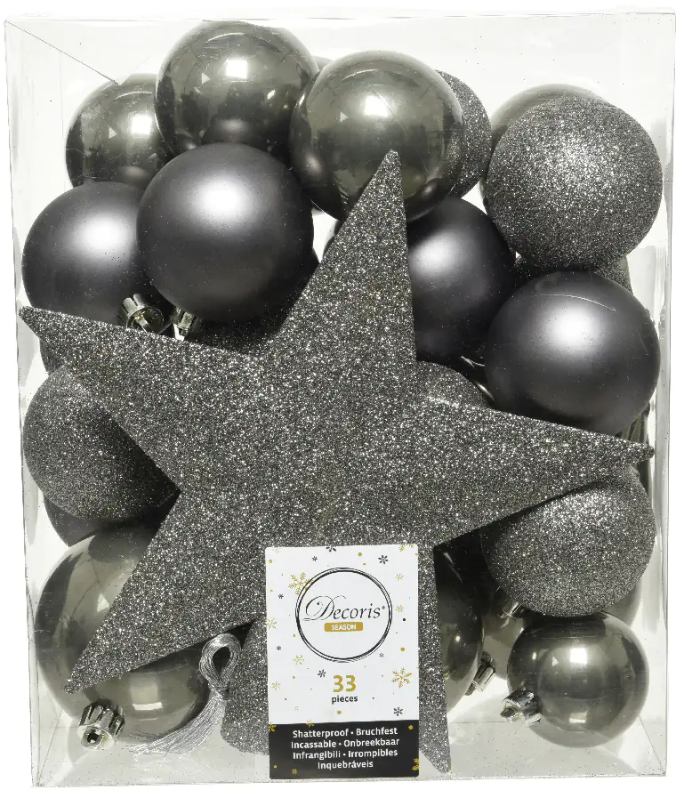 Kaemingk Weihnachtskugeln bruchfest, langlebig, warmgrau 33 Kugeln + Stern