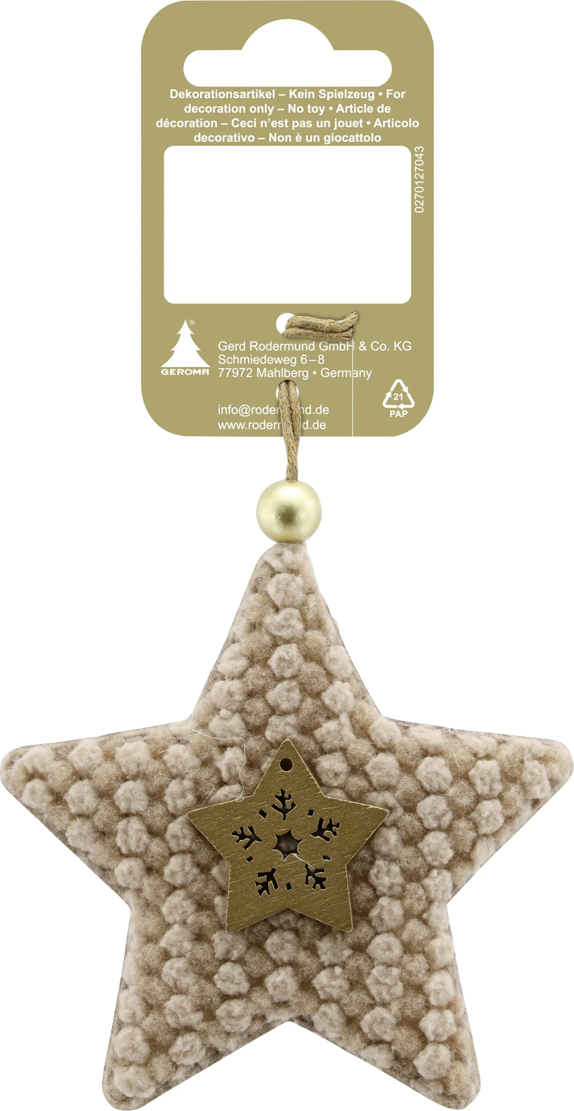 Weihnachtsanhänger Stern aus Stoff 8 x 8 cm braun
