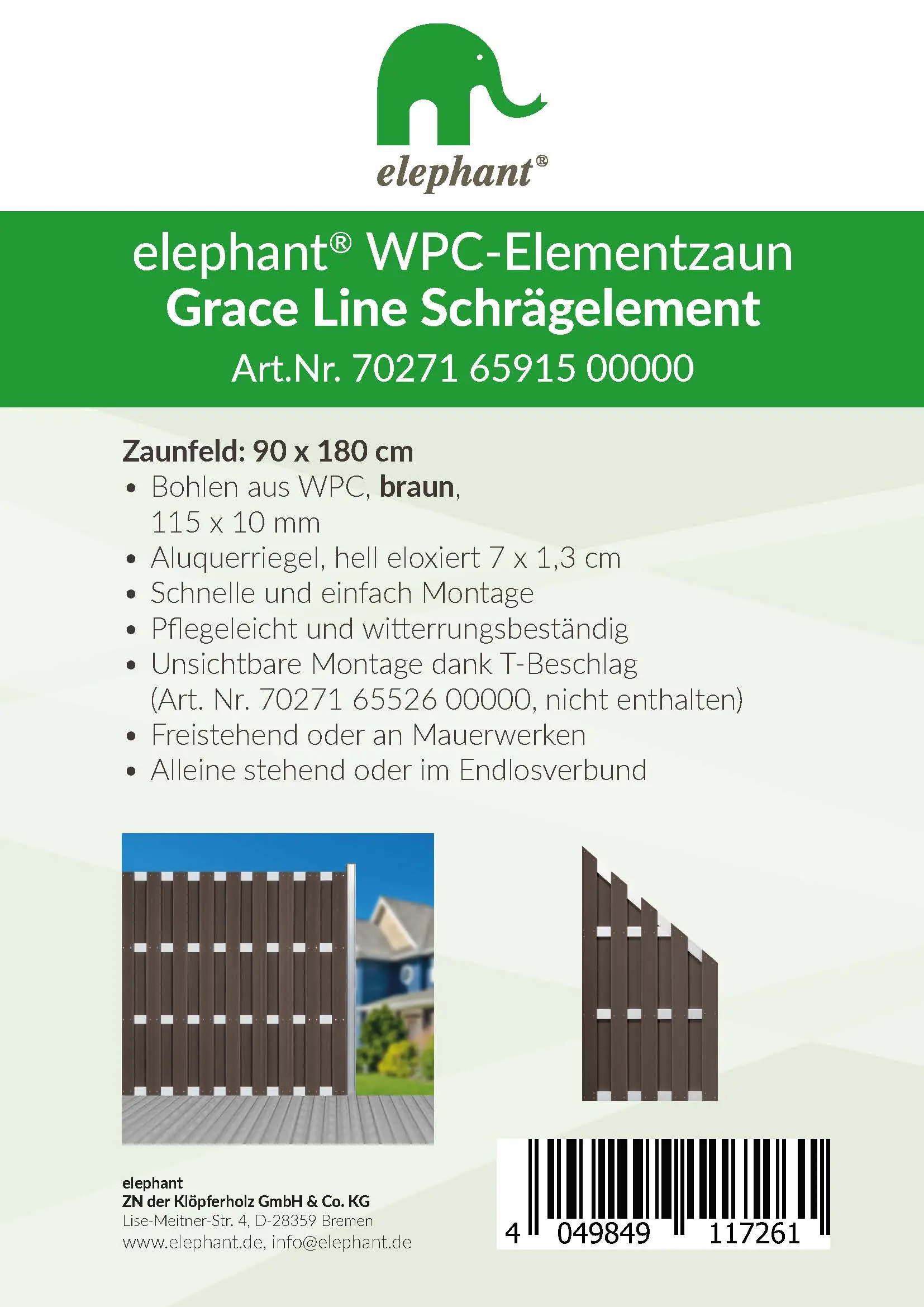 elephant WPC-Sichtschutzzaun Grace Line Schrägelement braun 90 x 180 cm