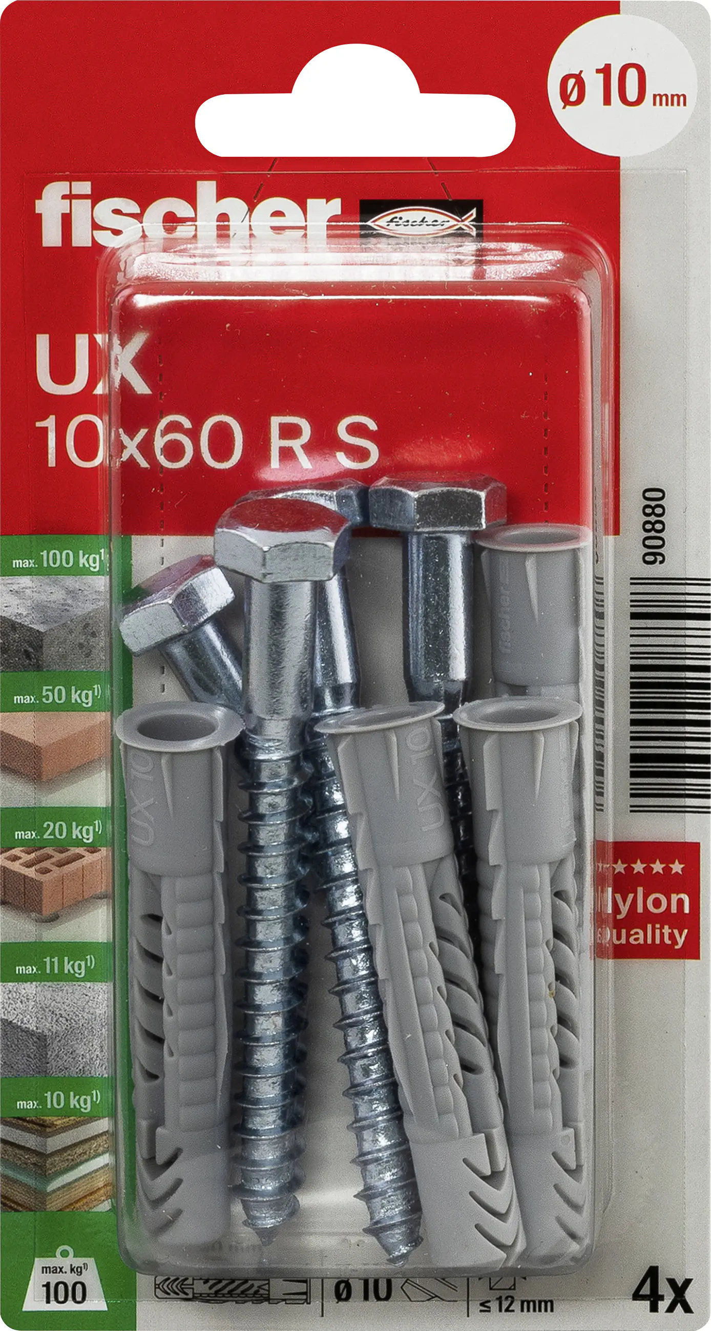 Fischer Universaldübel UX 10 x 60 mm mit Rand & Schraube - 4 Stück