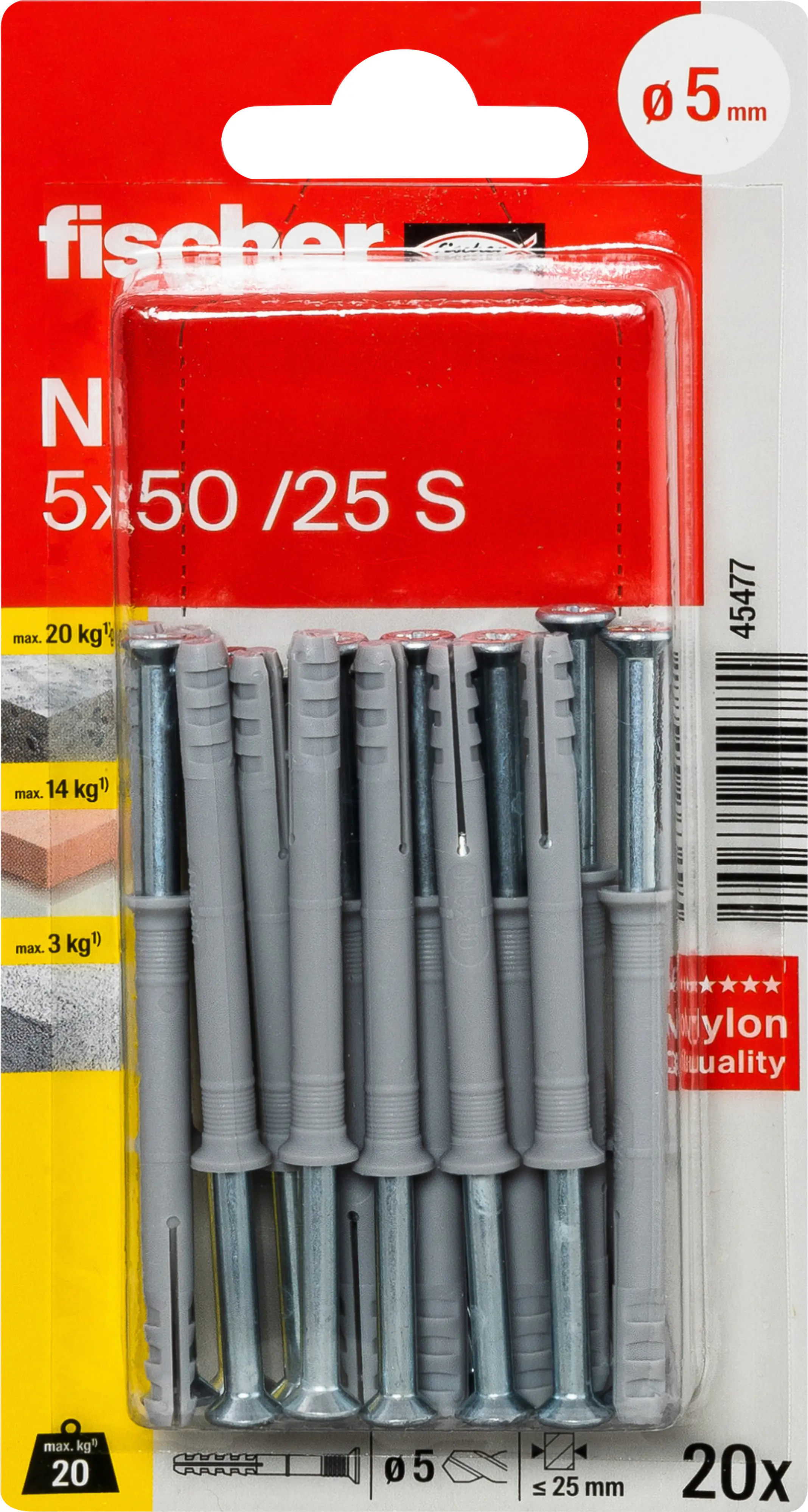 Fischer Nageldübel N 5 x 50 mm mit Schraube - 20 Stück