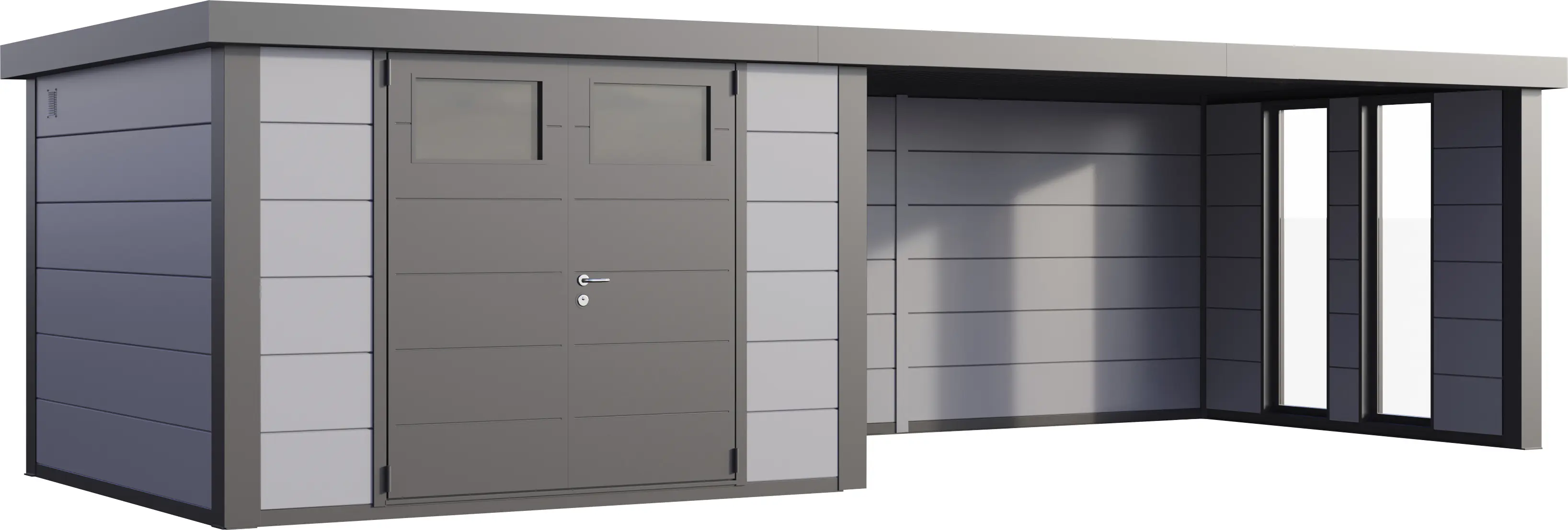 Telluria Gerätehaus Classico Lounge XL mit Fenstern 3030 rechts lichtgrau 762 x 298 cm