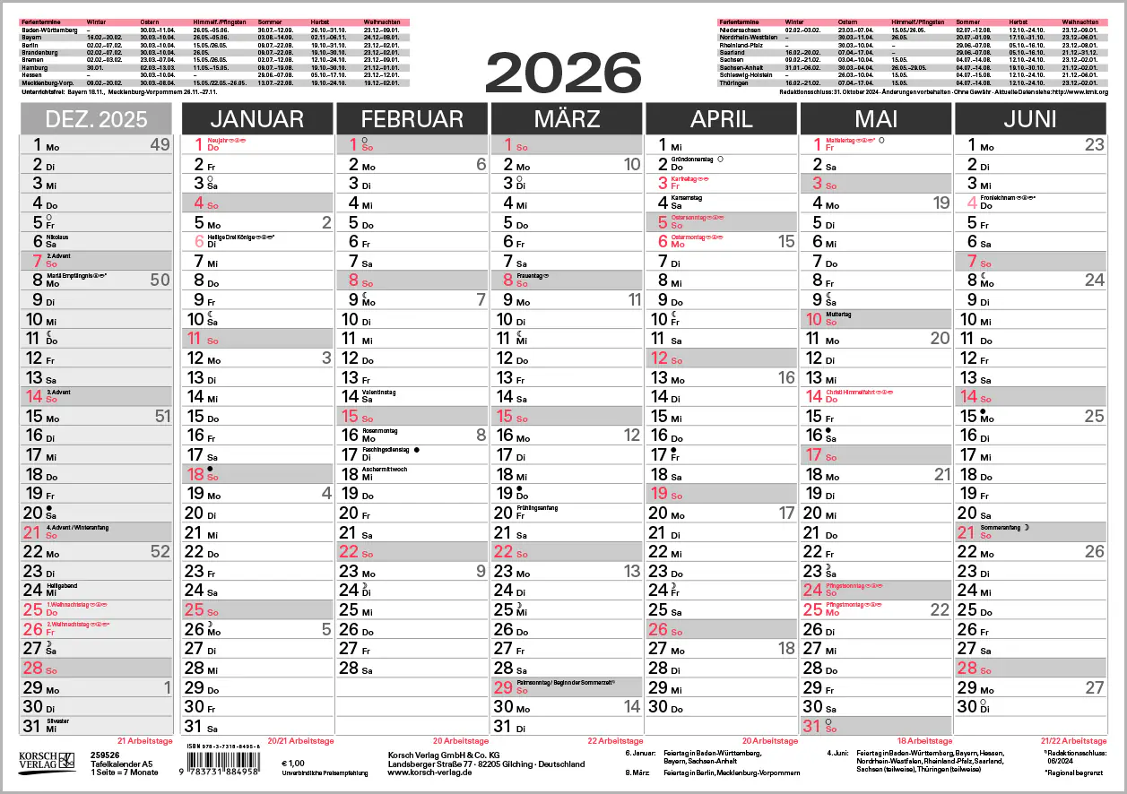 Korsch Kalender A5 2026