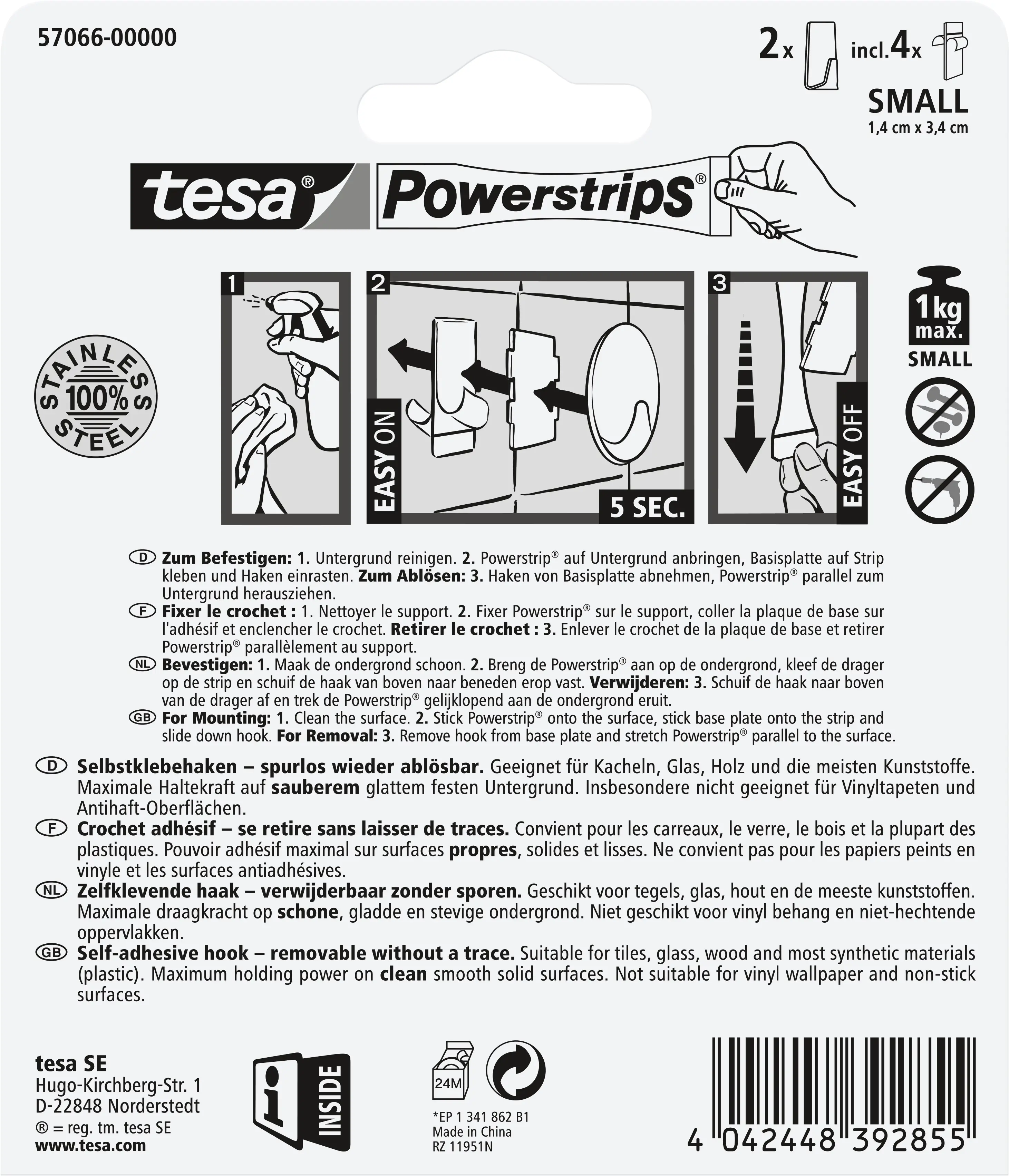 tesa Powerstrips Haken Small rechteckig, Edelstahl