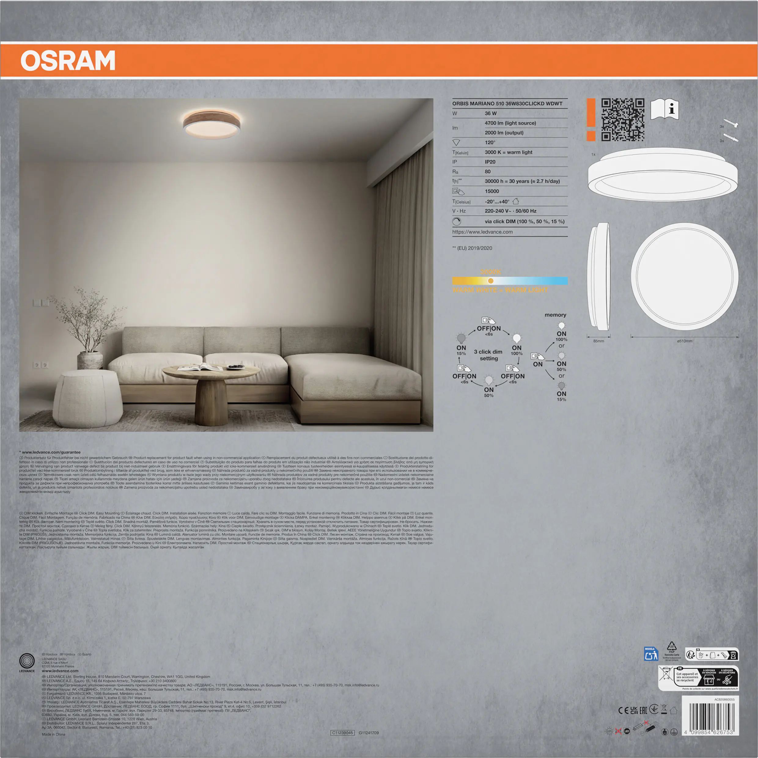 Osram LED-Deckenleuchte Orbis Mariano Ø51 cm 36 W Holzdekor weiß dimmbar