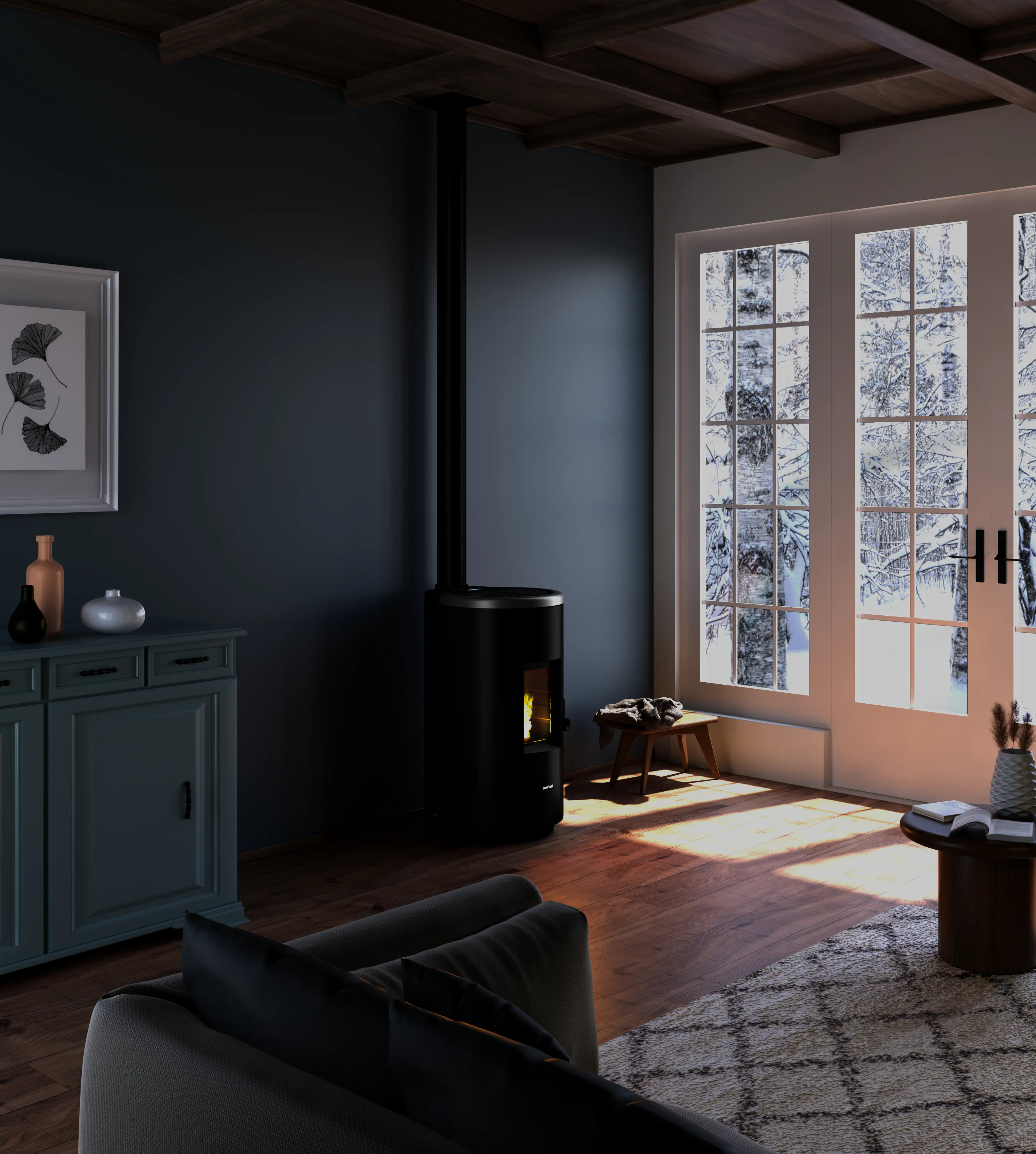 FreePoint Pelletofen CHROME 7 Stahlverkleidung mit titanium Topring 25 - 7 kW