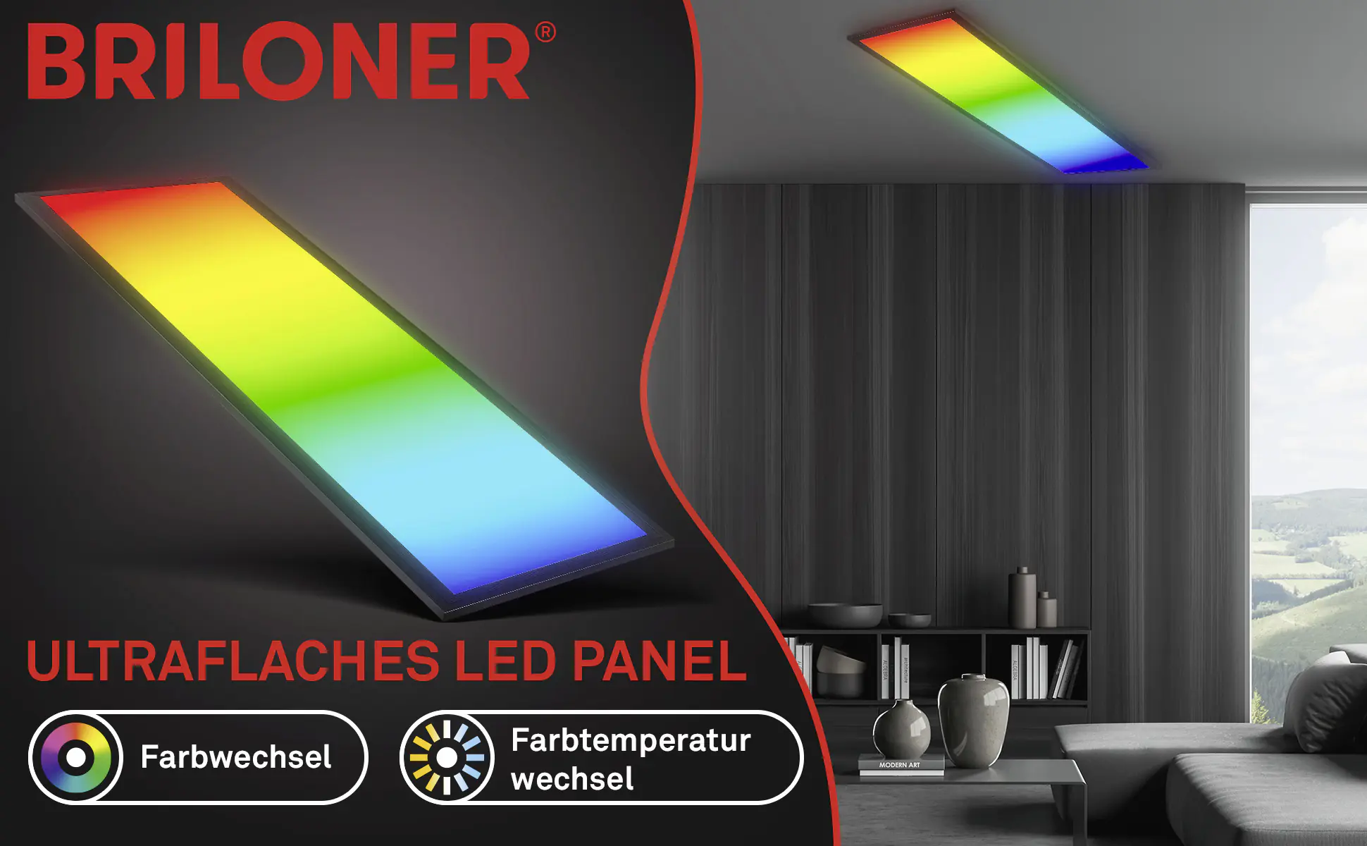 Briloner LED-Panelleuchte ultraflach 100 x 25 cm schwarz CCT dimmbar