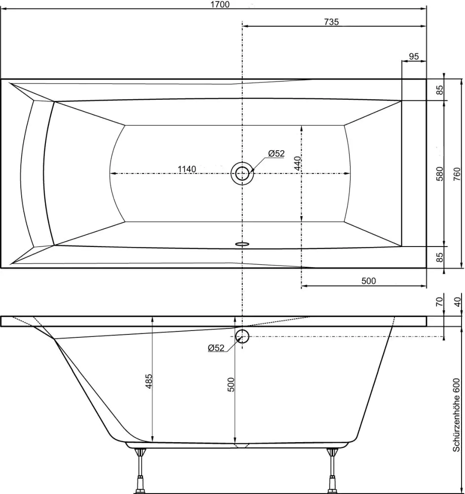 Ottofond Badewanne Porta 170 x 75 cm, weiß