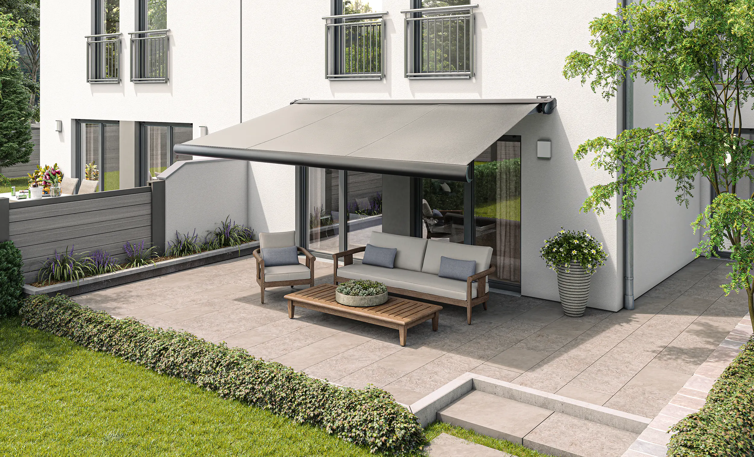 Kassetten-Markise Lyon elektrisch hellgrau, Breite: 400 cm, Ausfall: 300cm