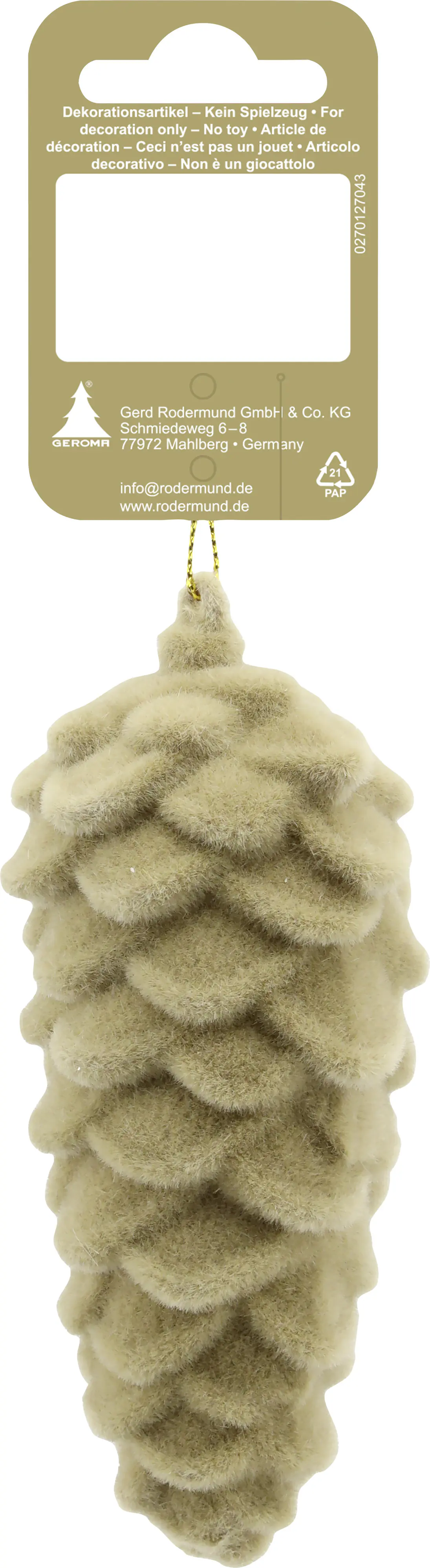 Weihnachtsanhänger Tannenzapfen aus Kunststoff beflockt 10 x 5 cm hellbraun
