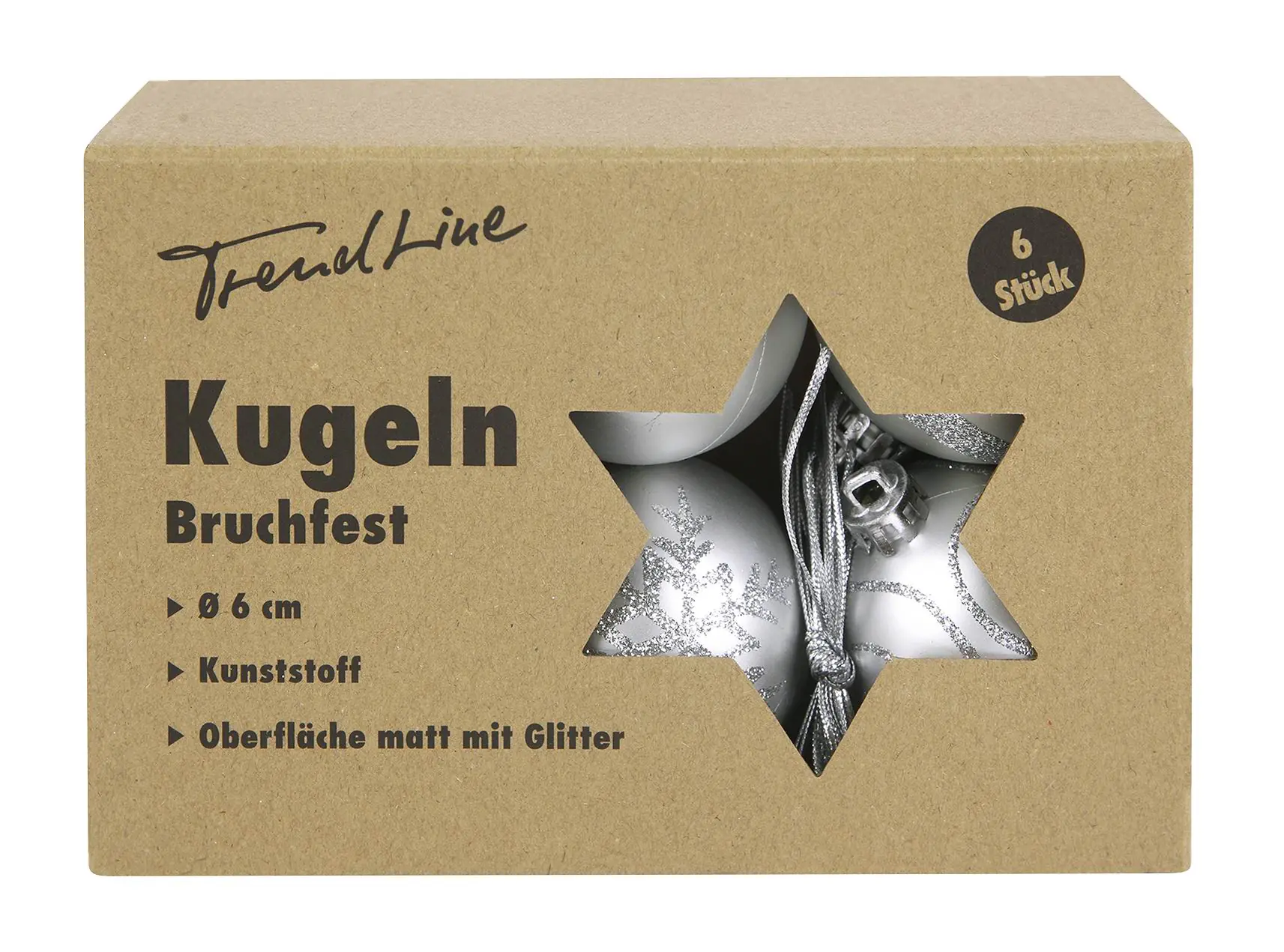 TrendLine Weihnachtskugeln bruchfest, langlebig Ø 6 cm silber mattiert 6 Stück