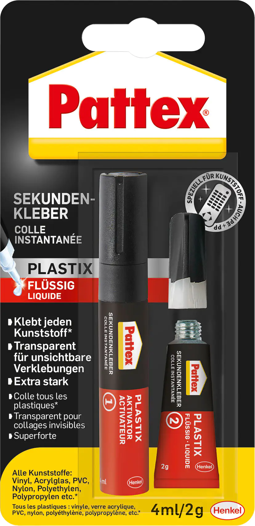 Pattex Sekundenkleber Plastix Flüssig 2 g + 4 ml Aktivator Stift, klar & farblos