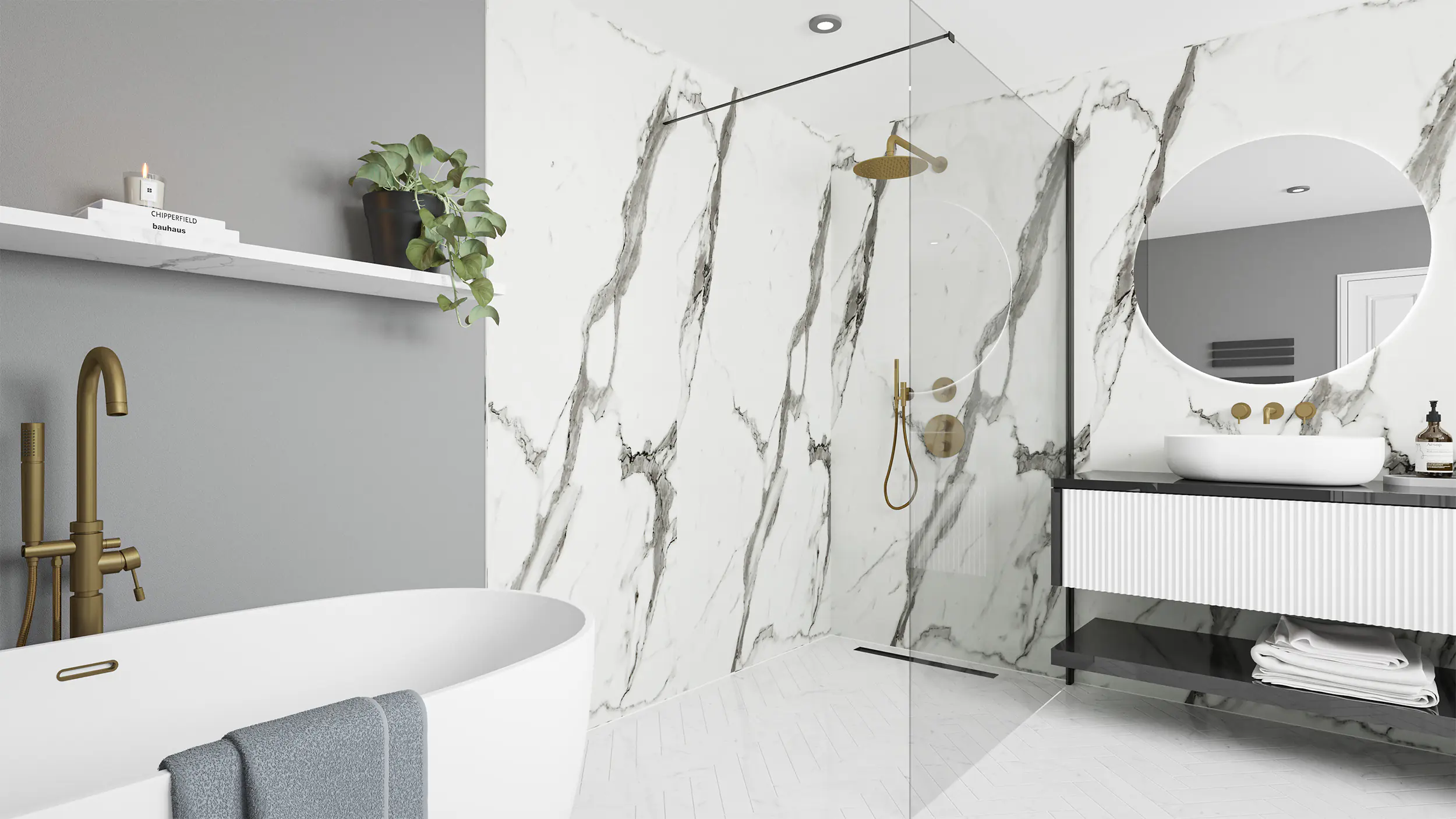 Wetwall Elite Wandpaneel  Calacatta Statuario 120 x 260 cm mit abgerundeter Abschlusskante