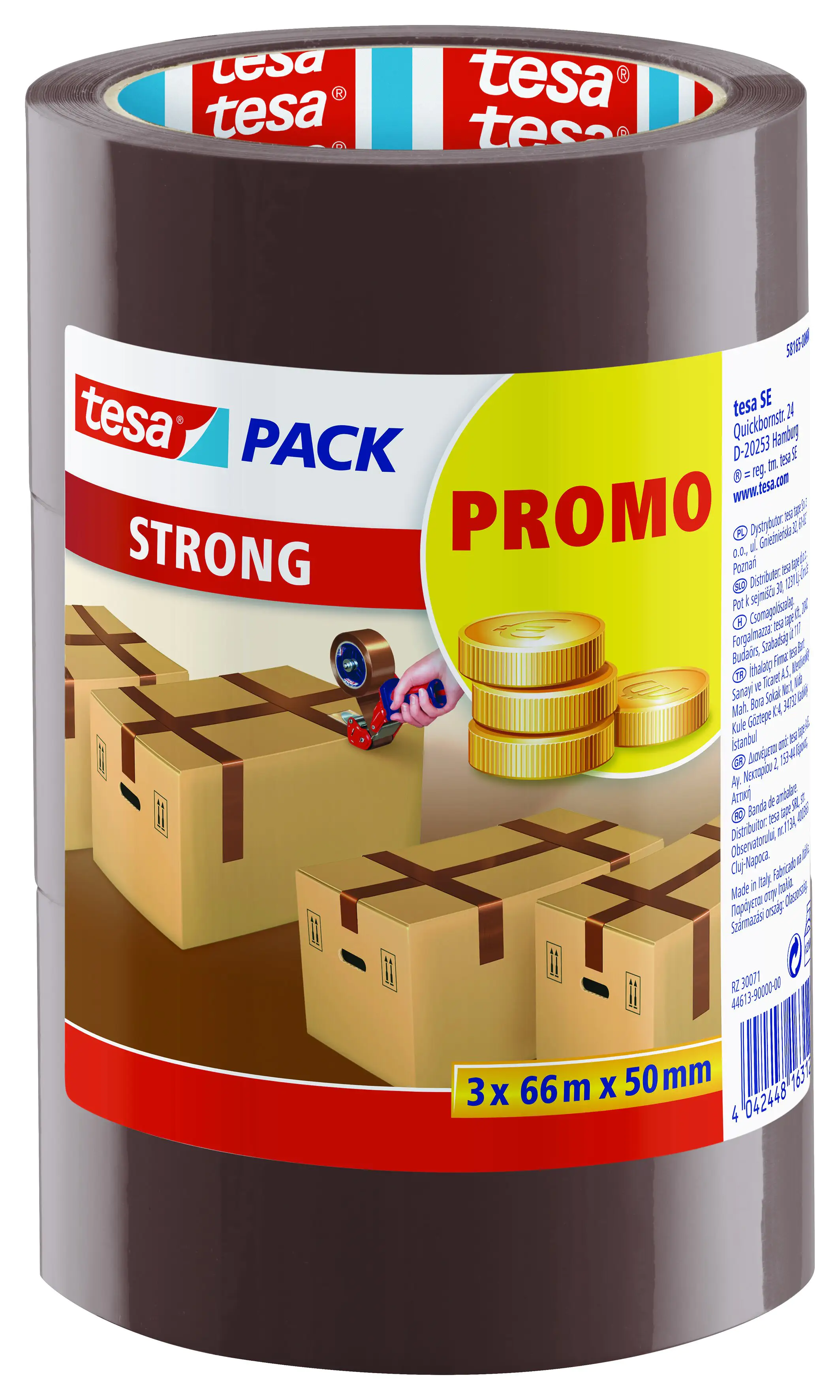 tesa Pack Strong 3 x (66 m x 50 mm), braun