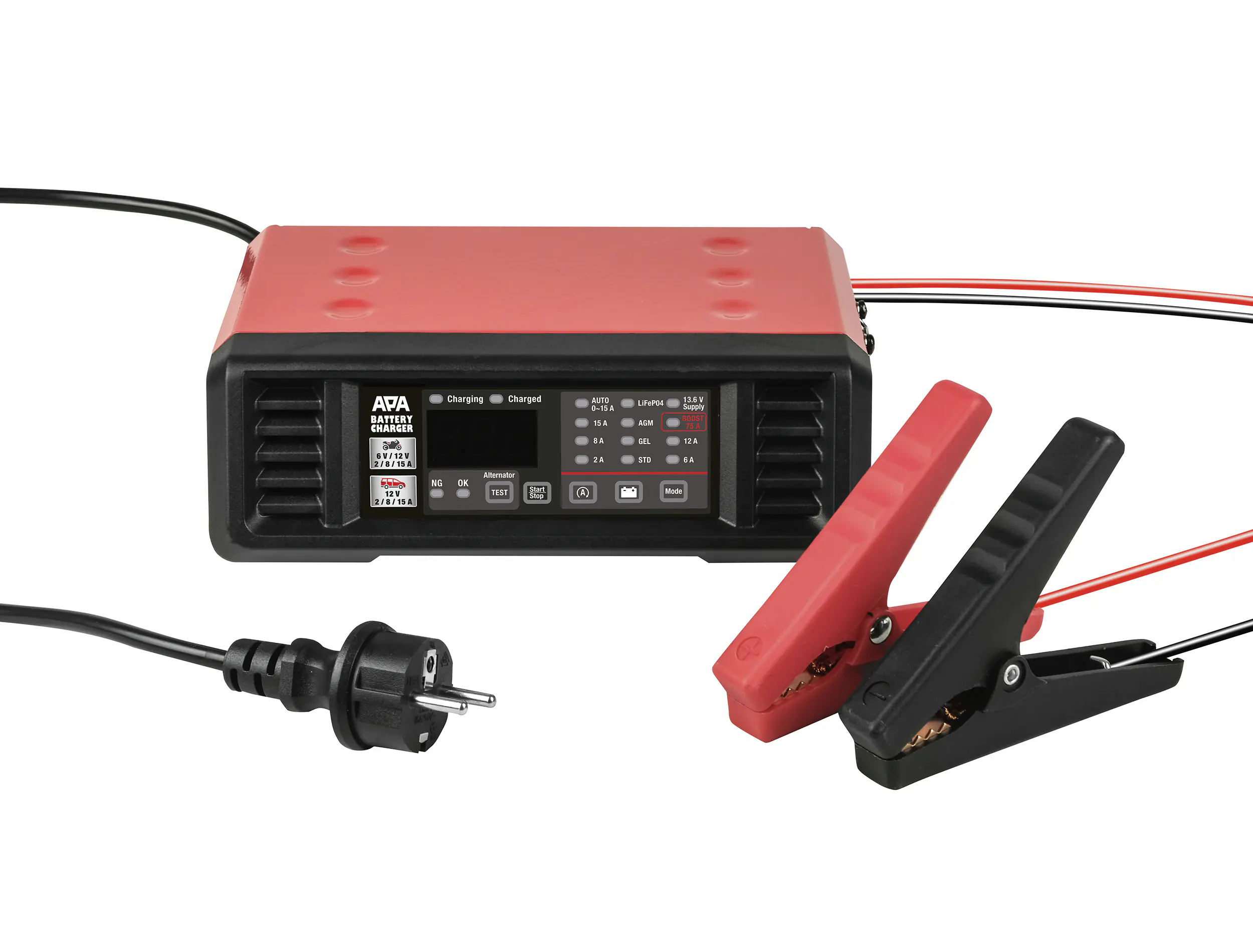 APA Werkstattladegerät für Fahrzeugbatterien 6/12 V 15 A mit 75 A Starthilfe
