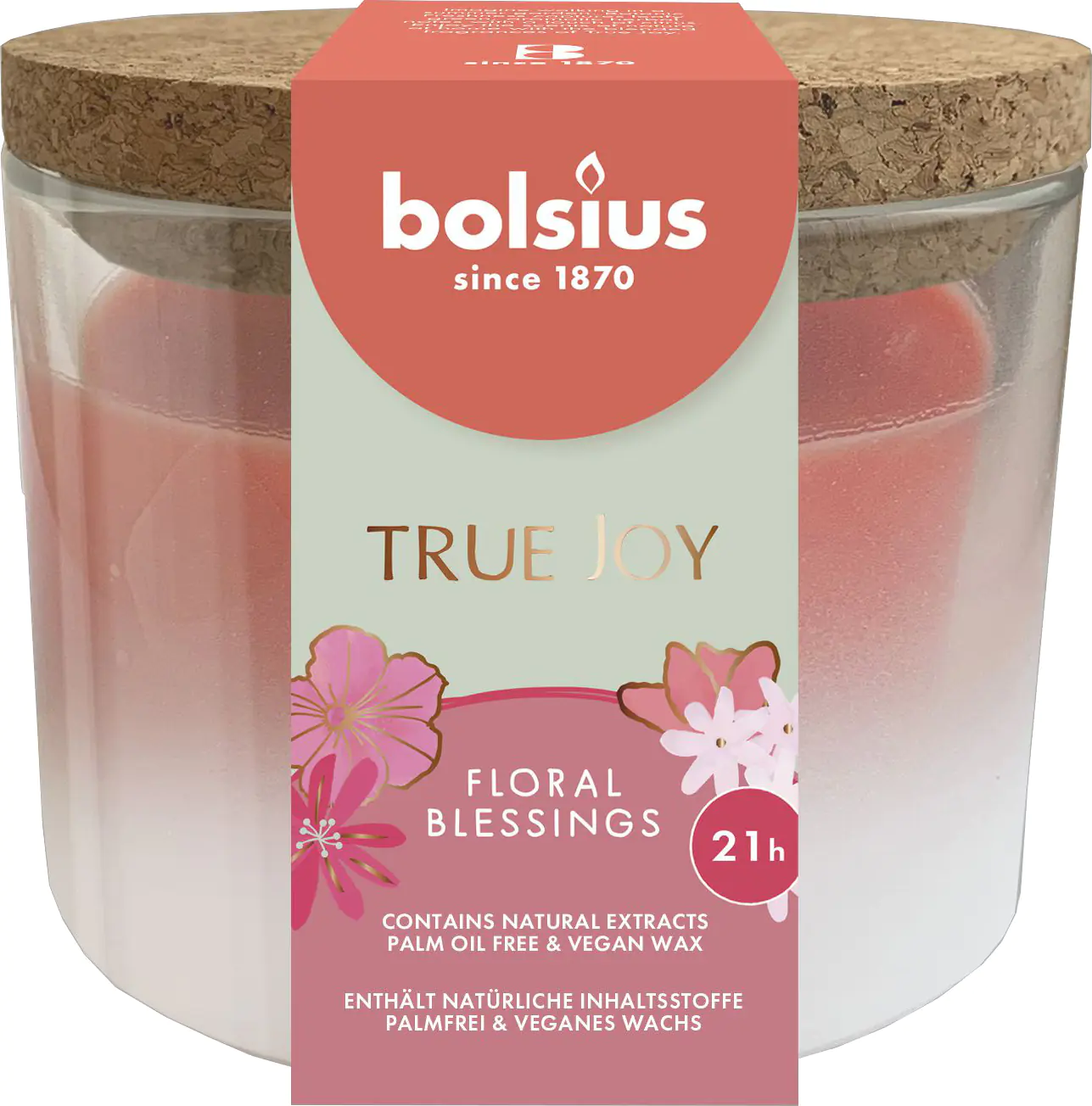 Bolsius Duftkerze mit Korkdeckel True Joy rosa Floral Blessings