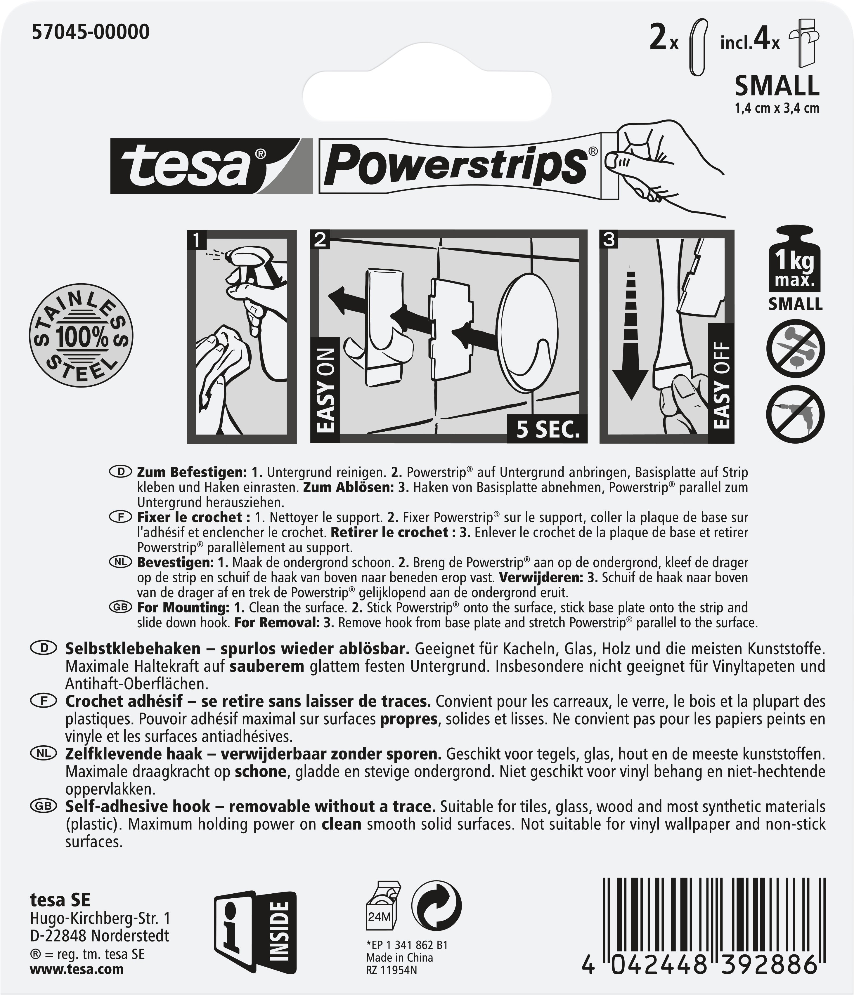 tesa Powerstrips Haken Small rechteckig, Edelstahl