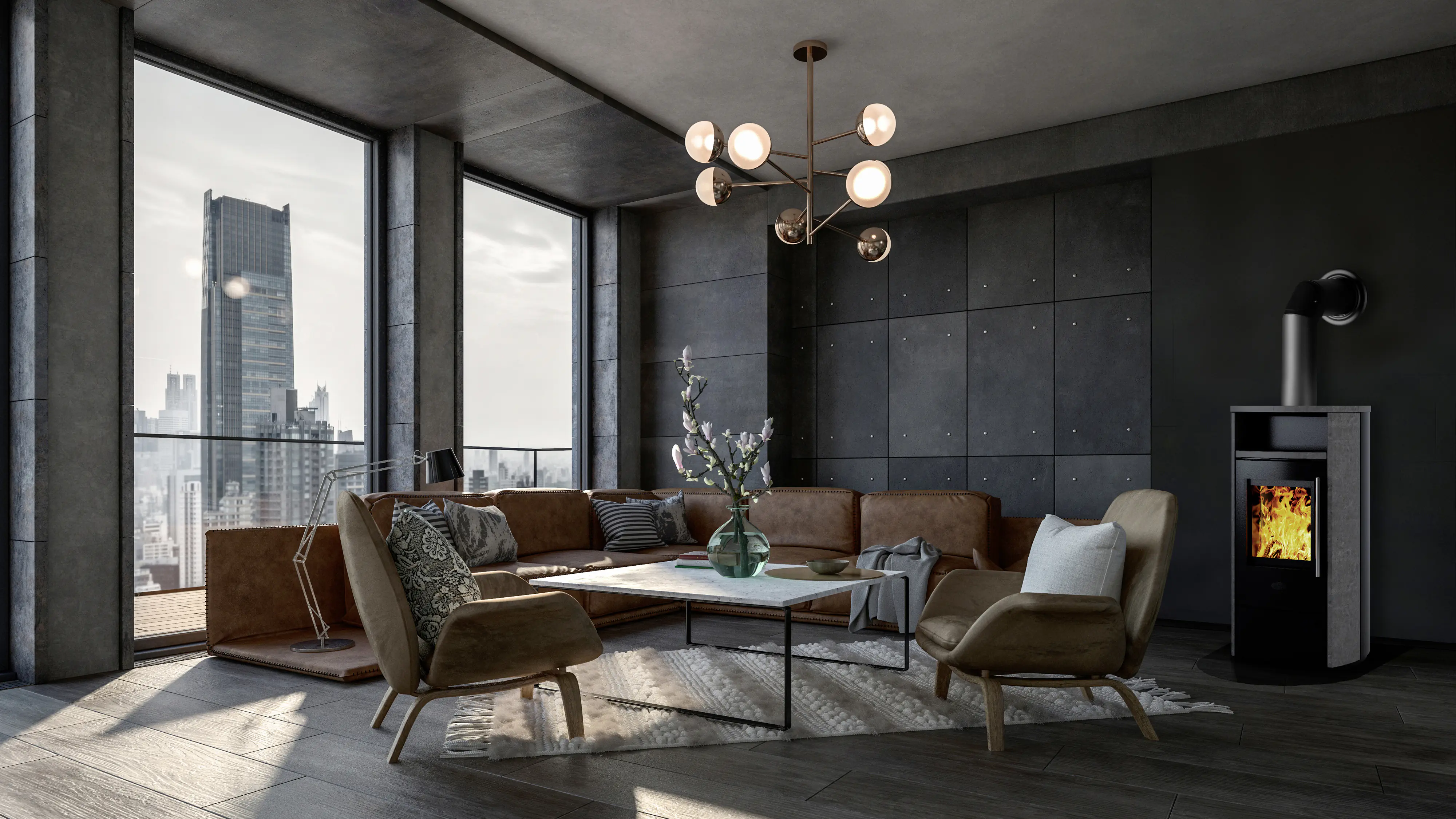 Kleining Kaminofen MAILAND mit Natursteinverkleidung schwarz 6 kW