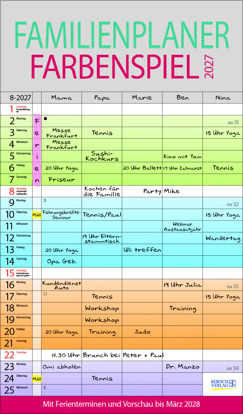 Korsch Kalender Familienplaner 2027 Farbenspiel 27 x 46 cm