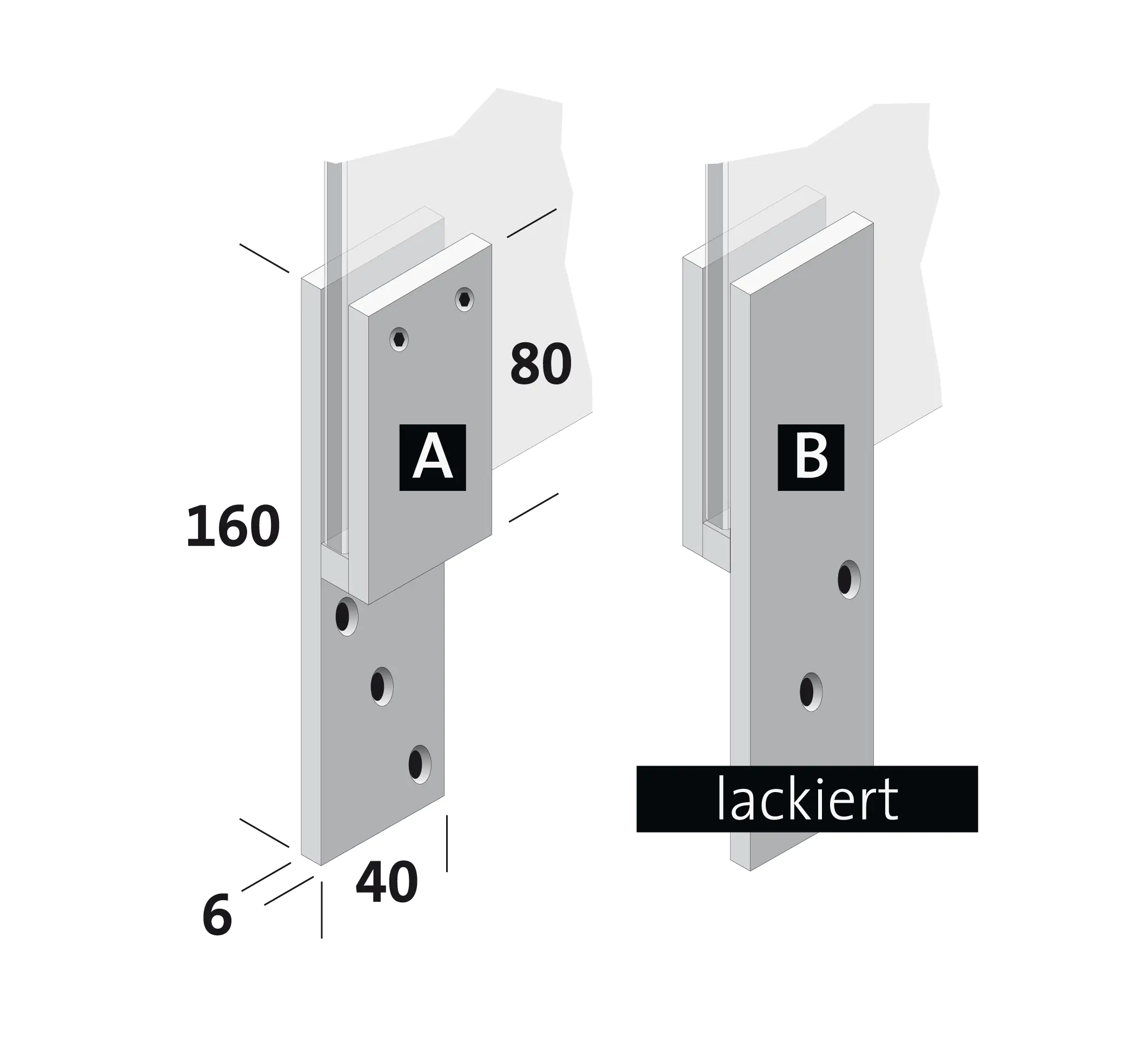 Thekenhalter für 6 mm ESG-Glas lichtgrau lackiert Thekenhalter für 6 mm ESG-Glas lichtgrau lackiert