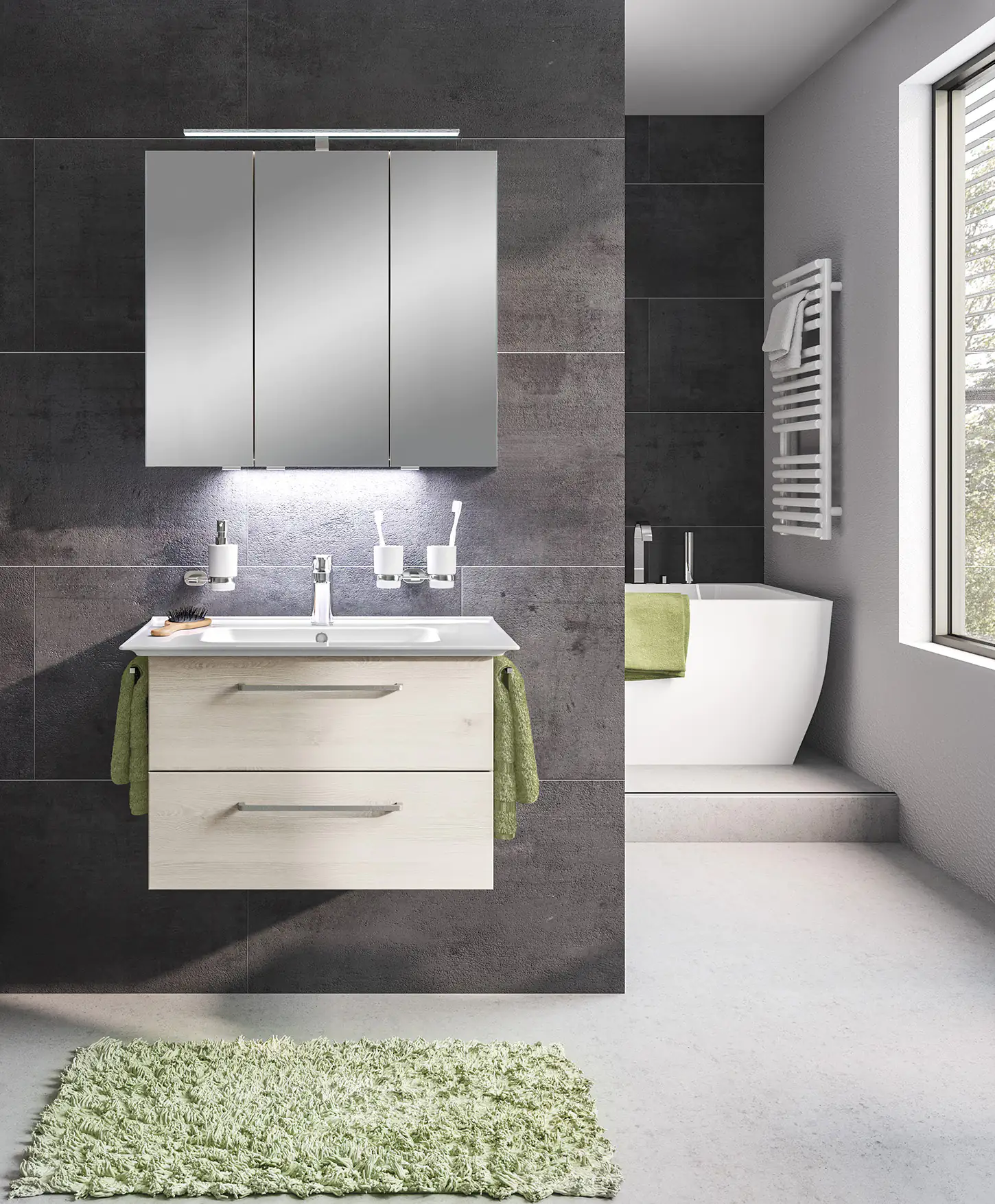 Pelipal Badmöbel-Set Pineo Pinie Ida mit Keramik-Waschtisch und LED-Aufsatzleuchte 80 cm