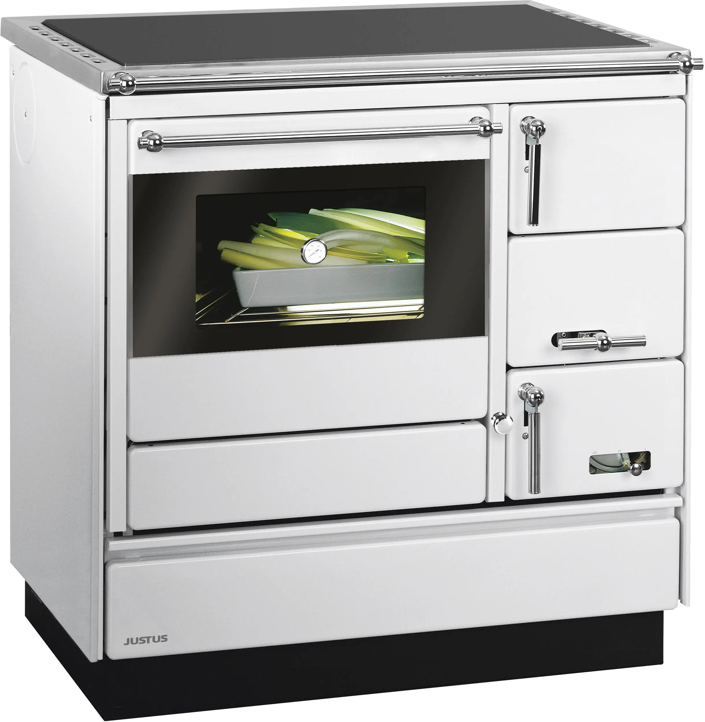 Justus Festbrennstoffherd Linz Backfach links Stahl 7 kW silber