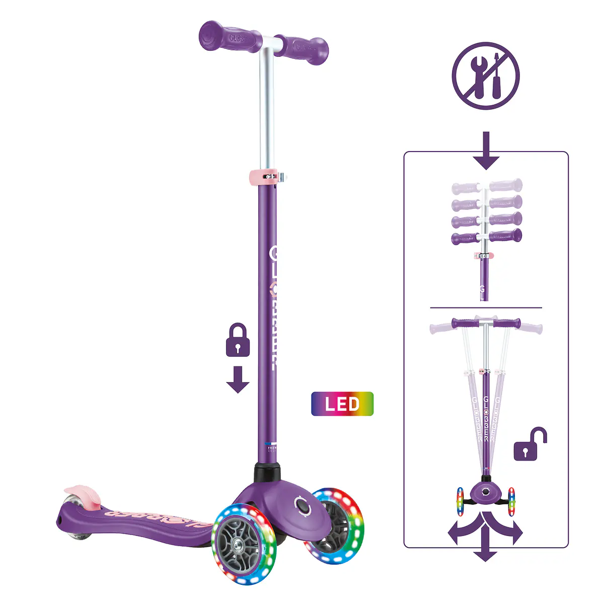 Globber Scooter für Kinder mit Leuchtrollen Primo Plus Lights lila