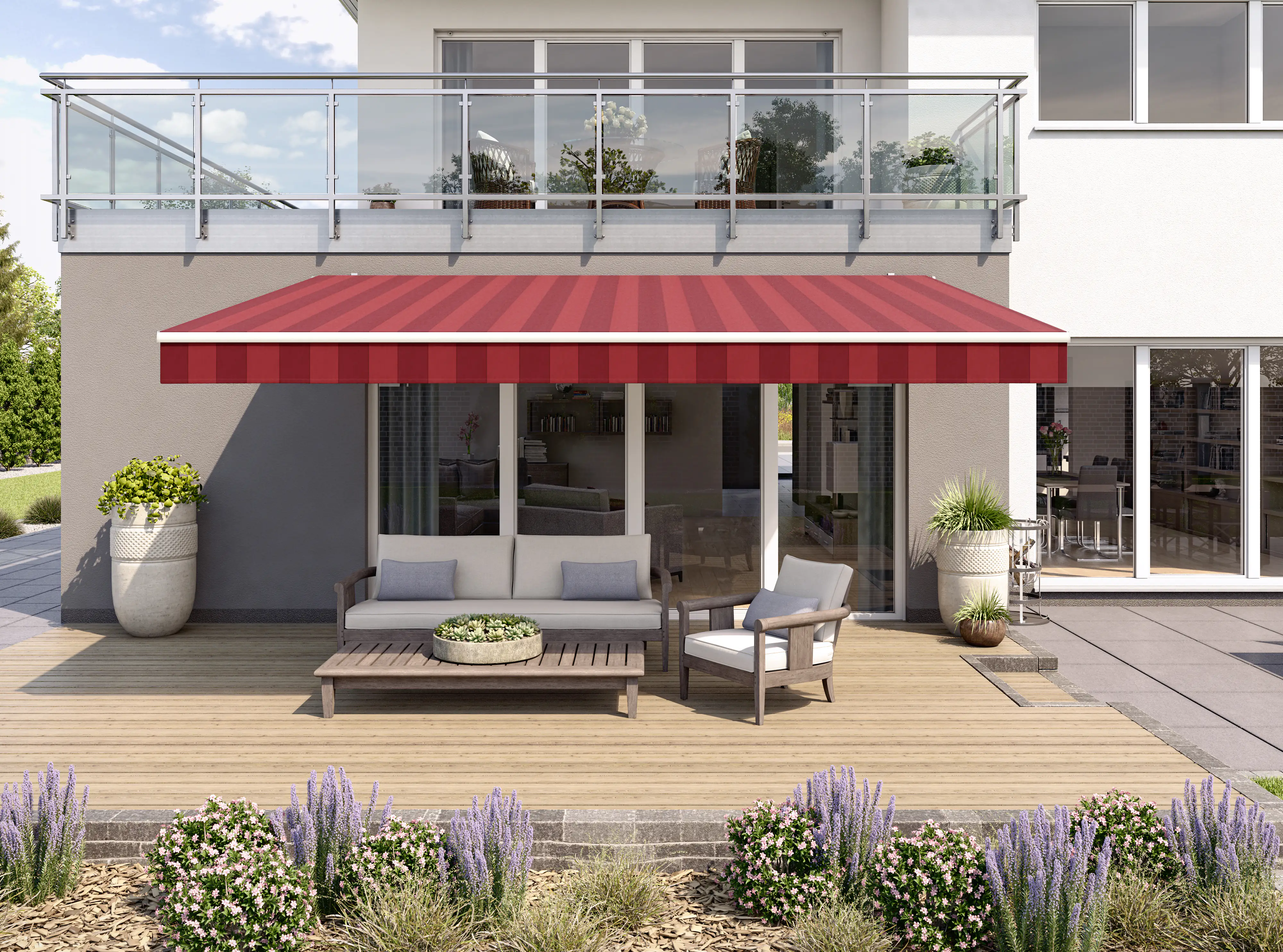 Gelenkarmmarkise Classic bordeaux gestreift inkl. Motor, Handsender, Solar Panel