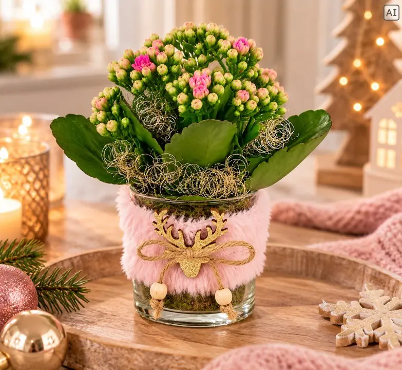 Weihnachtliches Arrangement Teelichtglas Hirsch bepflanzt