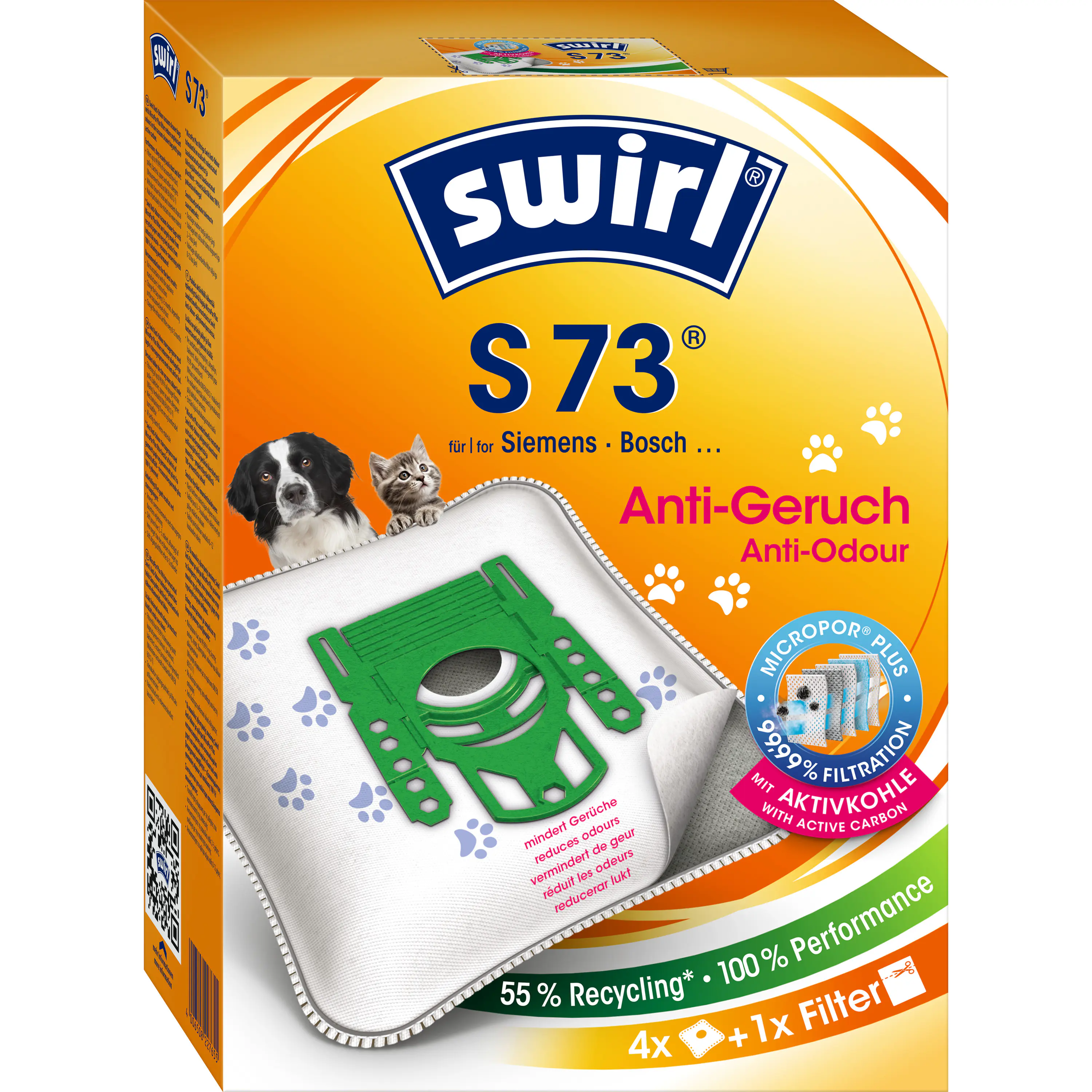 Swirl S 73 EcoPor Anti-Geruch Staubsaugerbeutel 4 Staubbeutel + 1 Filter