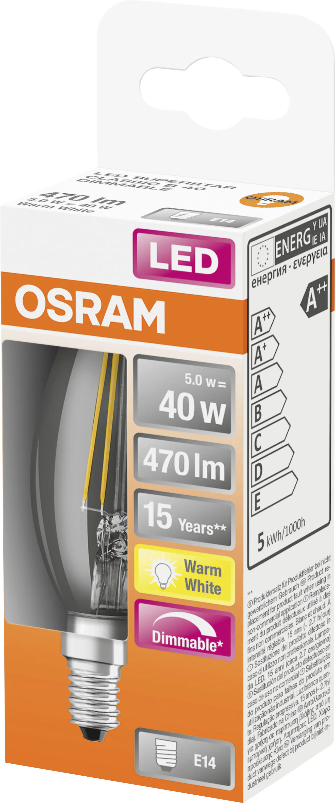 Osram LED Leuchtmittel Classic B40 E14 5W warmweiß, dimmbar, klar Osram LED Leuchtmittel Classic B40 E14 5W warmweiß, dimmbar, klar