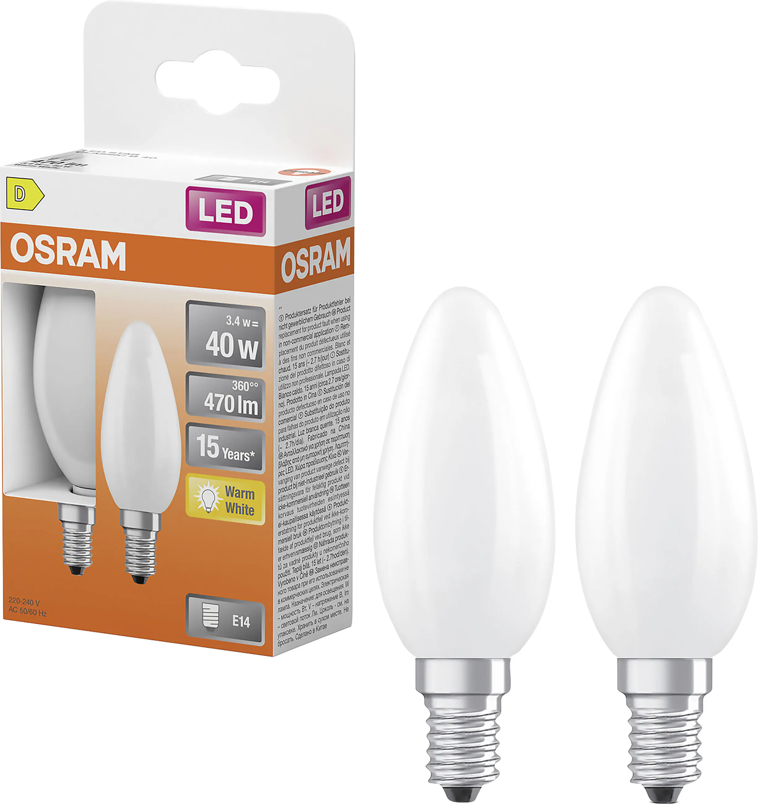 Osram LED Leuchtmittel E14 2er Pack Star Classic 3,4W matt warmweiß