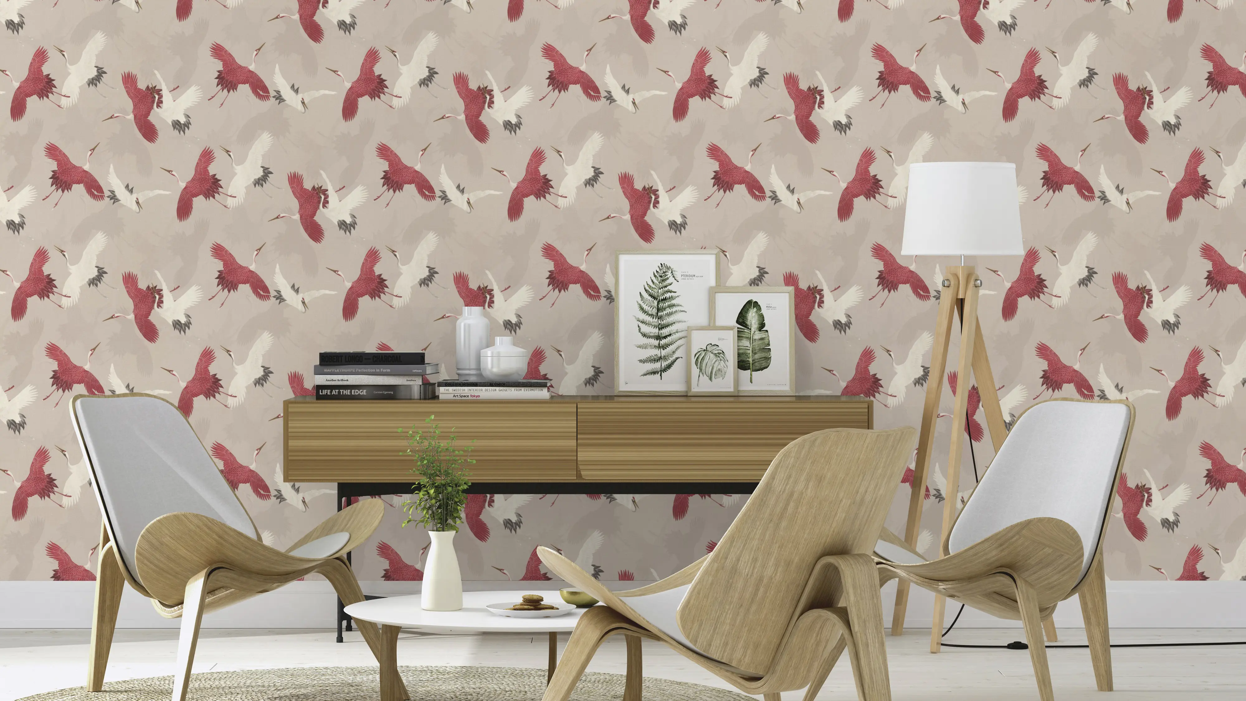 Rasch Vliestapete 560657 Barbara Home III, Kraniche beige-rot, 10,05 x 0,53 m