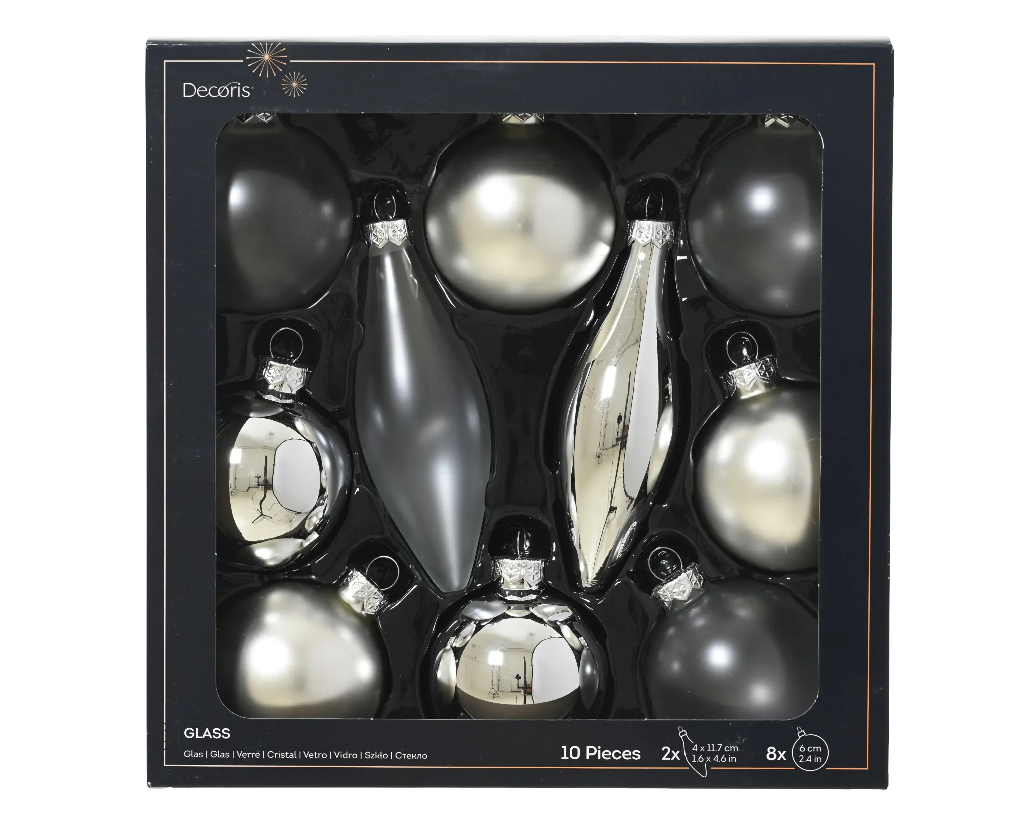 Decoris Weihnachtskugeln mit Tropfen-Ornamente aus Glas Ø 6 cm silber 10 Stück