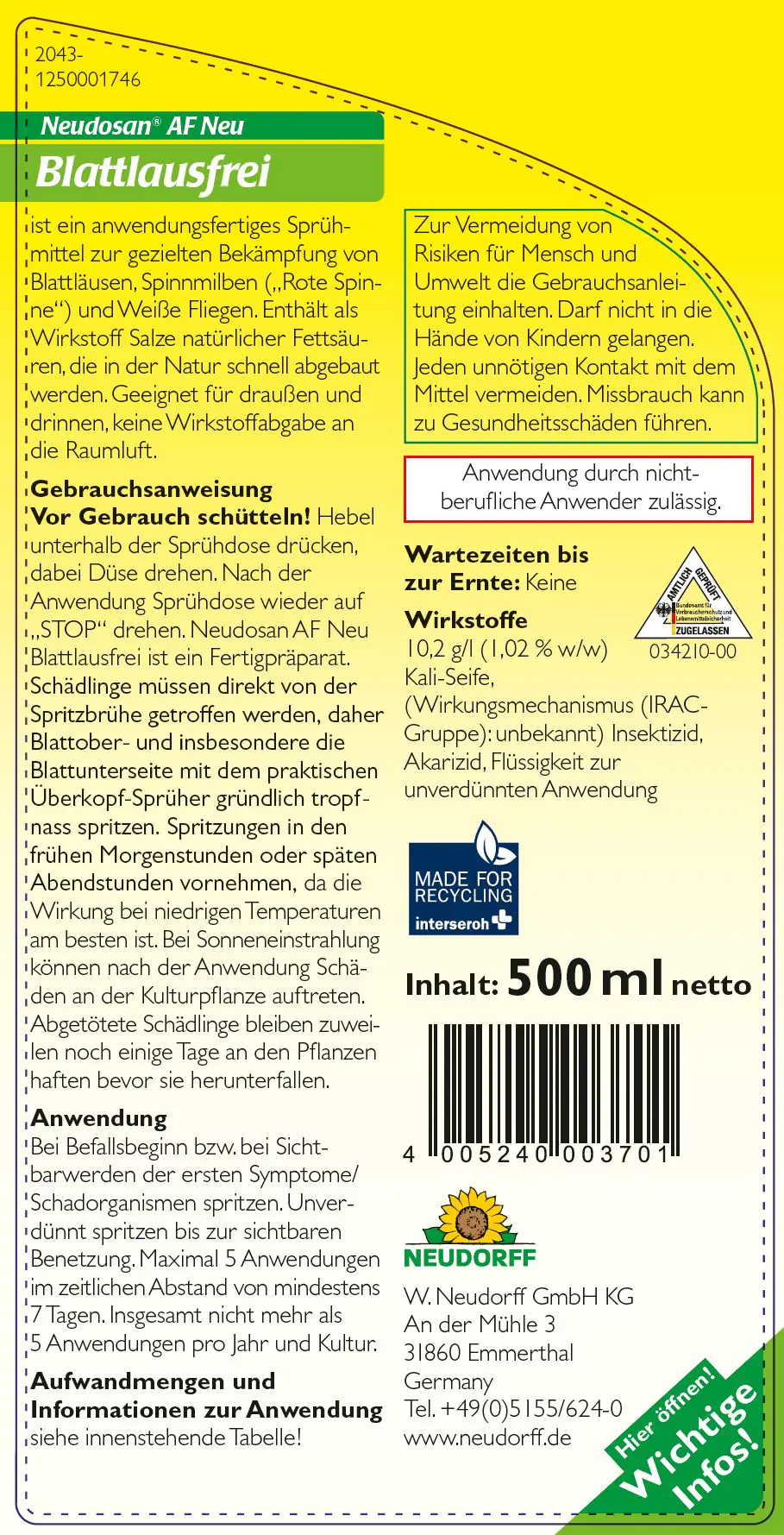 Neudosan AF Neu Blattlausfrei 500 ml