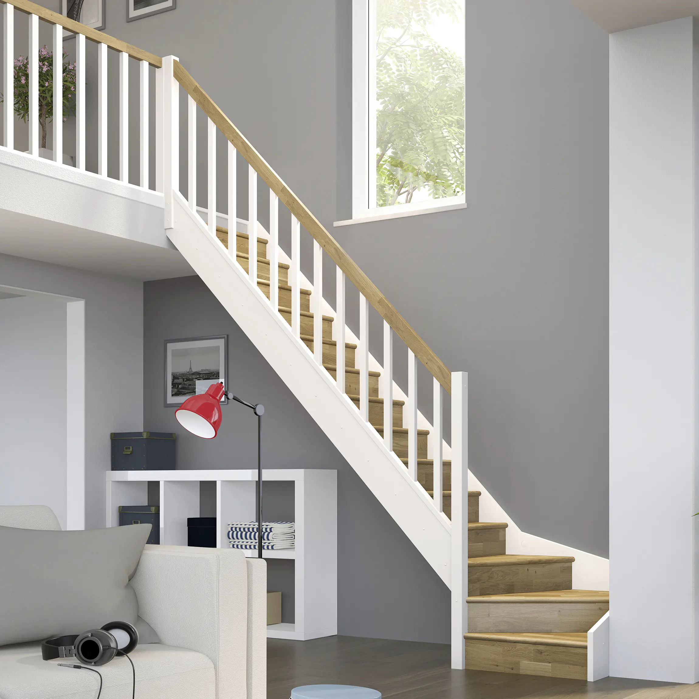 Dolle Raumspartreppen Paris 1/4-gew. Eiche weiß inkl. Geländer