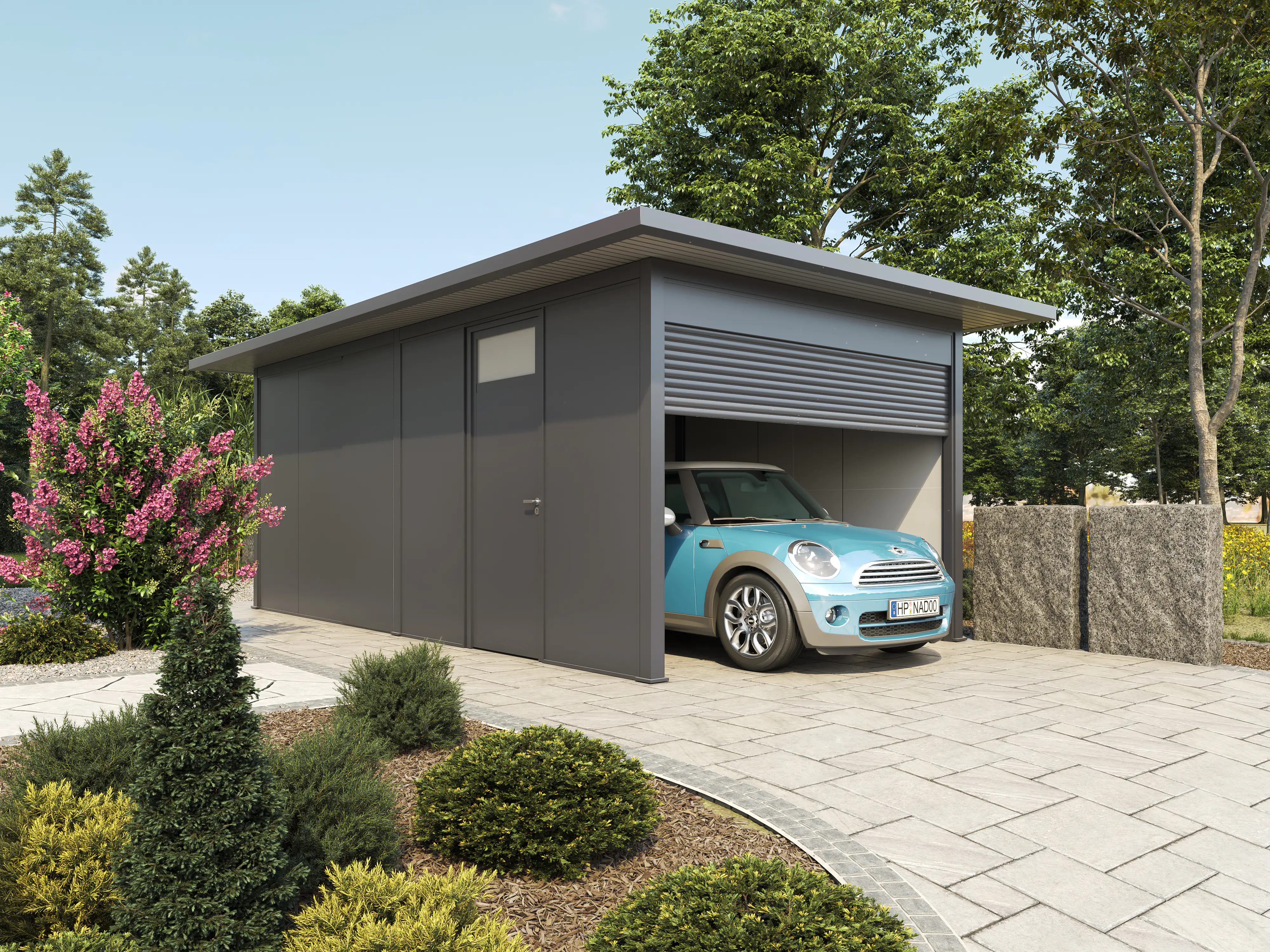 Fertiggarage Porto mit elektrischem Rolltor 405 x 720 cm inkl Dachüberstand