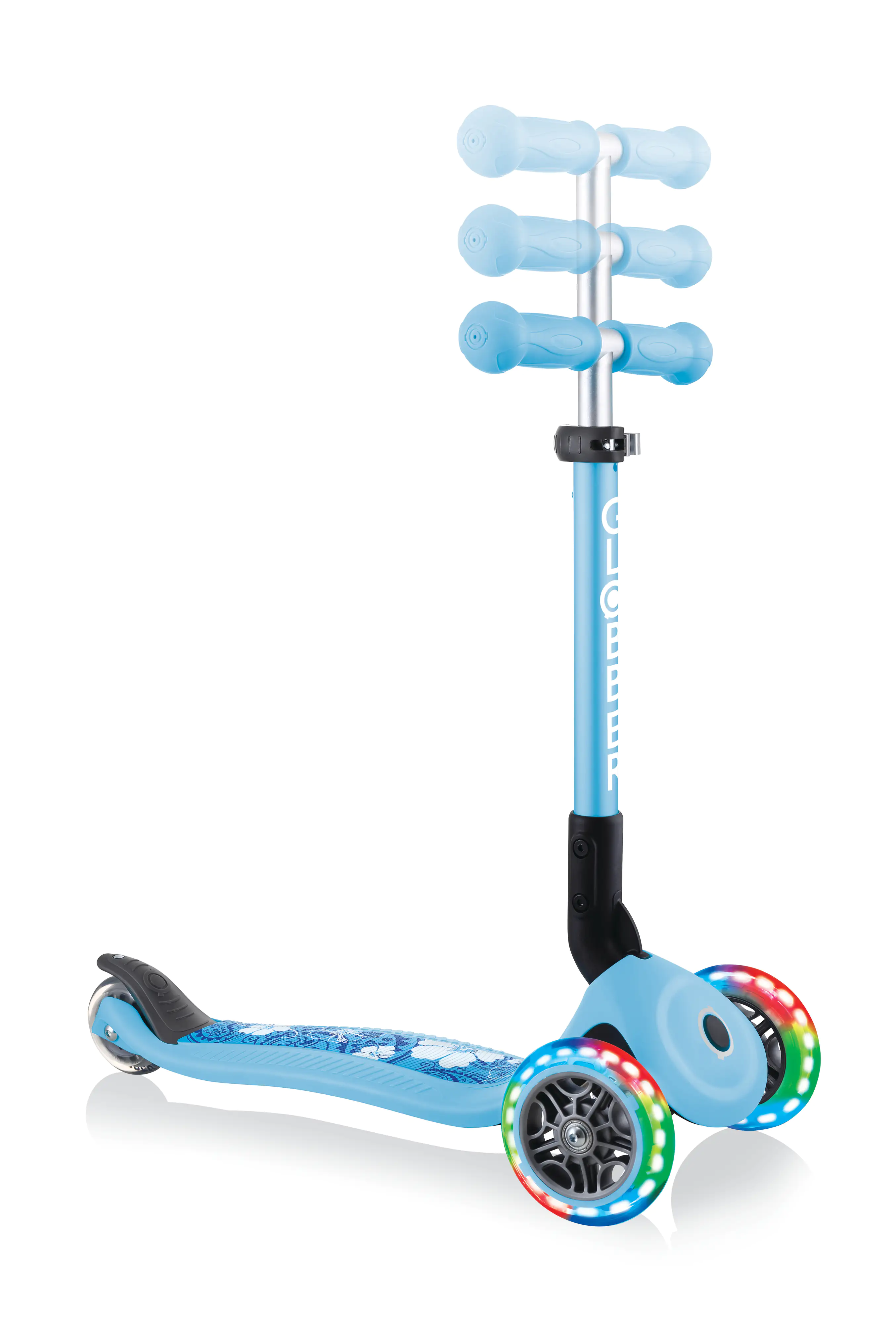 Globber Scooter Junior Foldable Lights pastellblau-Flowers mit Leuchtrollen