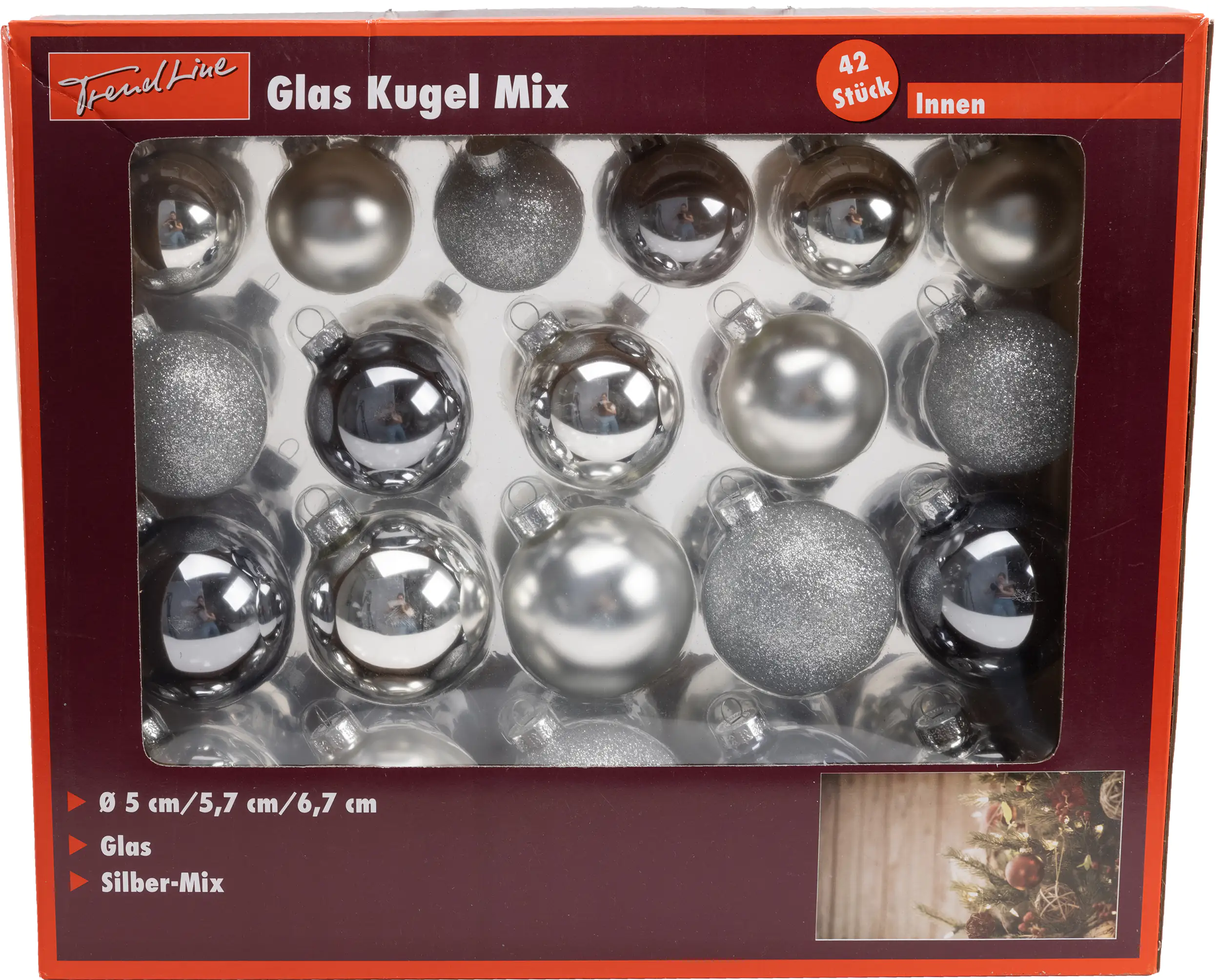 4333692642972 TrendLine Weihnachtskugeln aus Glas Ø 5/ 5,7/ 6,7 cm silber 42 Stück