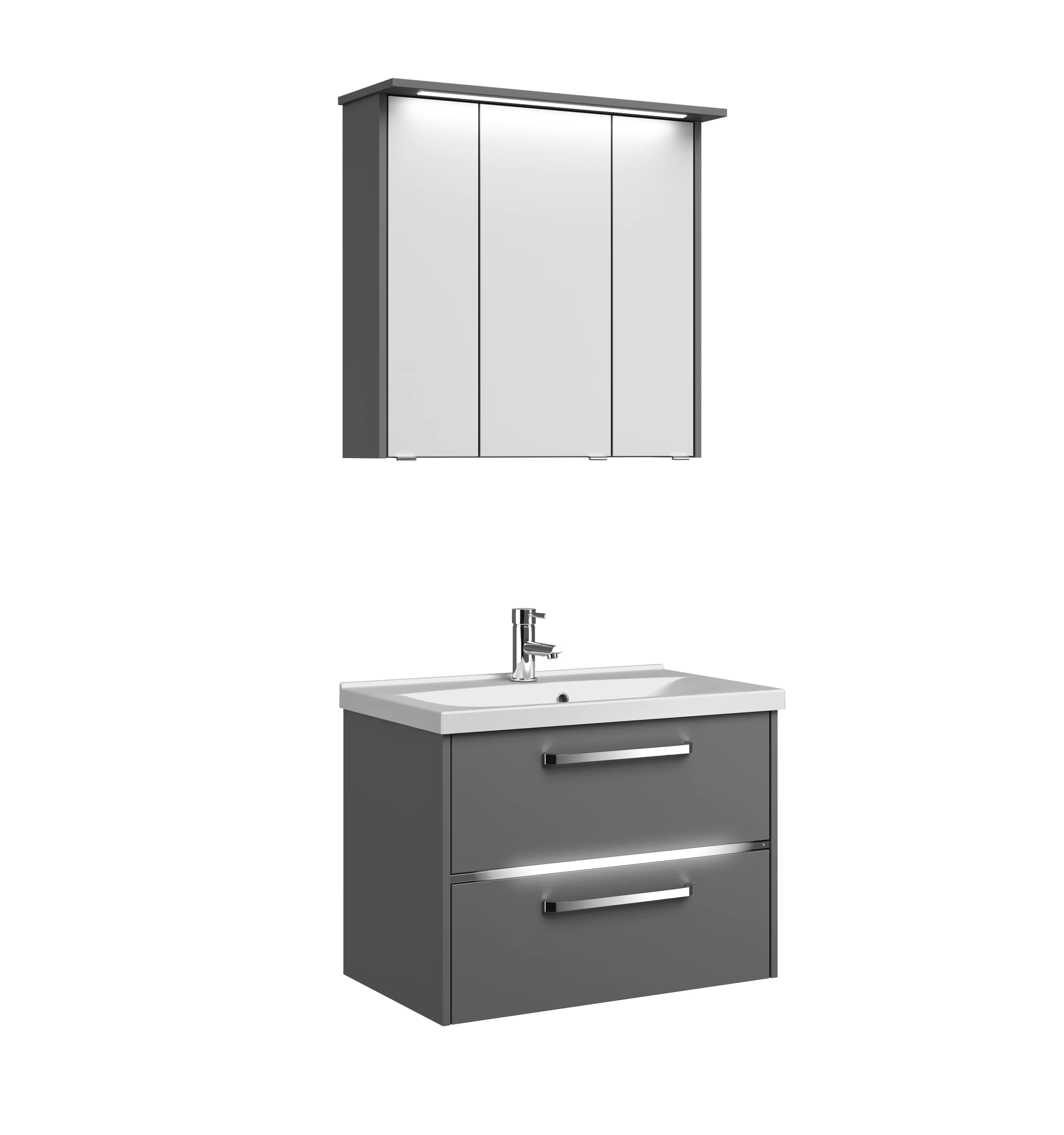 Primaster Badmöbel-Set Berlin grau 77 cm Twin LED, Mineralgusswaschtisch