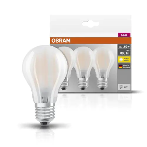 Osram LED Leuchtmittel Birnenform matt, E27, 7W, 806lm 2700K, warmweiß 3er Pack