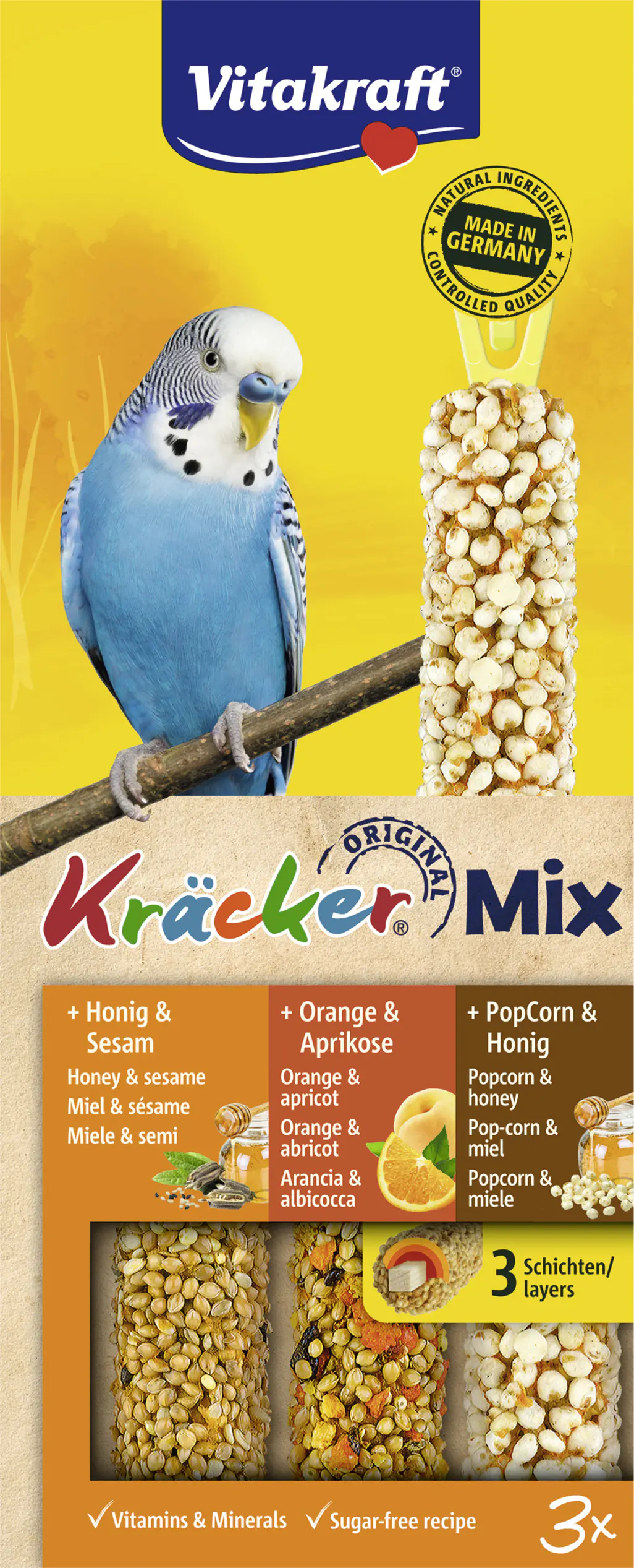 Vitakraft Kräcker®Trio Honig Orange PopCorn 3 Stück / 80 g Vitakraft Kräcker®Trio Honig Orange PopCorn 3 Stück / 80 g