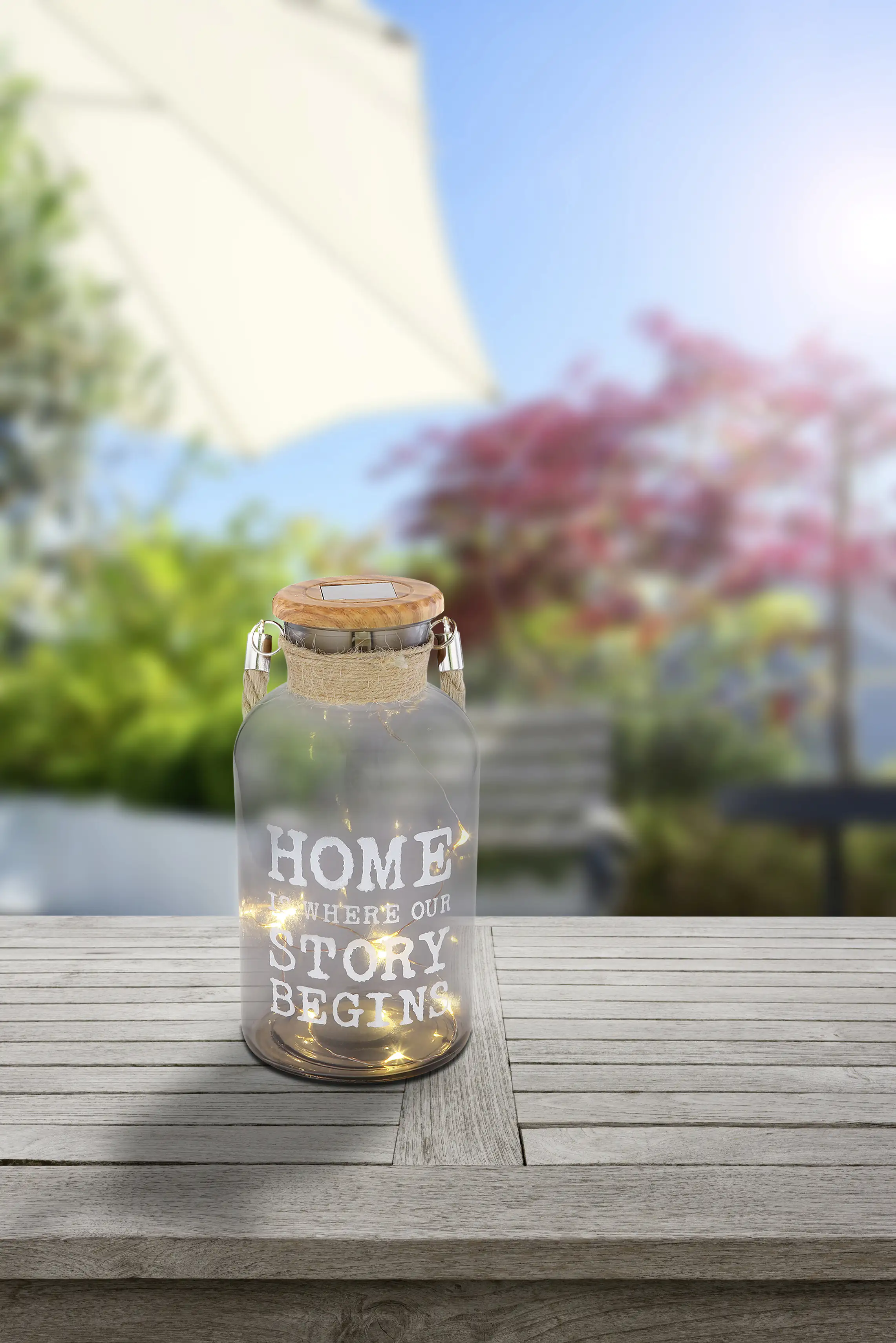 Globo LED Solarleuchte Flasche holz warmweiß